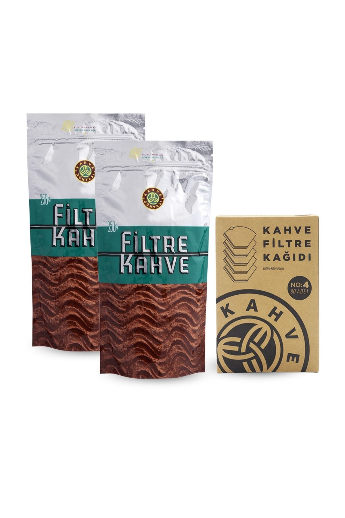 Kahve Dünyası Filtre Kahve 250 gr x 2 Adet ve Filtre Kahve Kağıdı 80 Adet