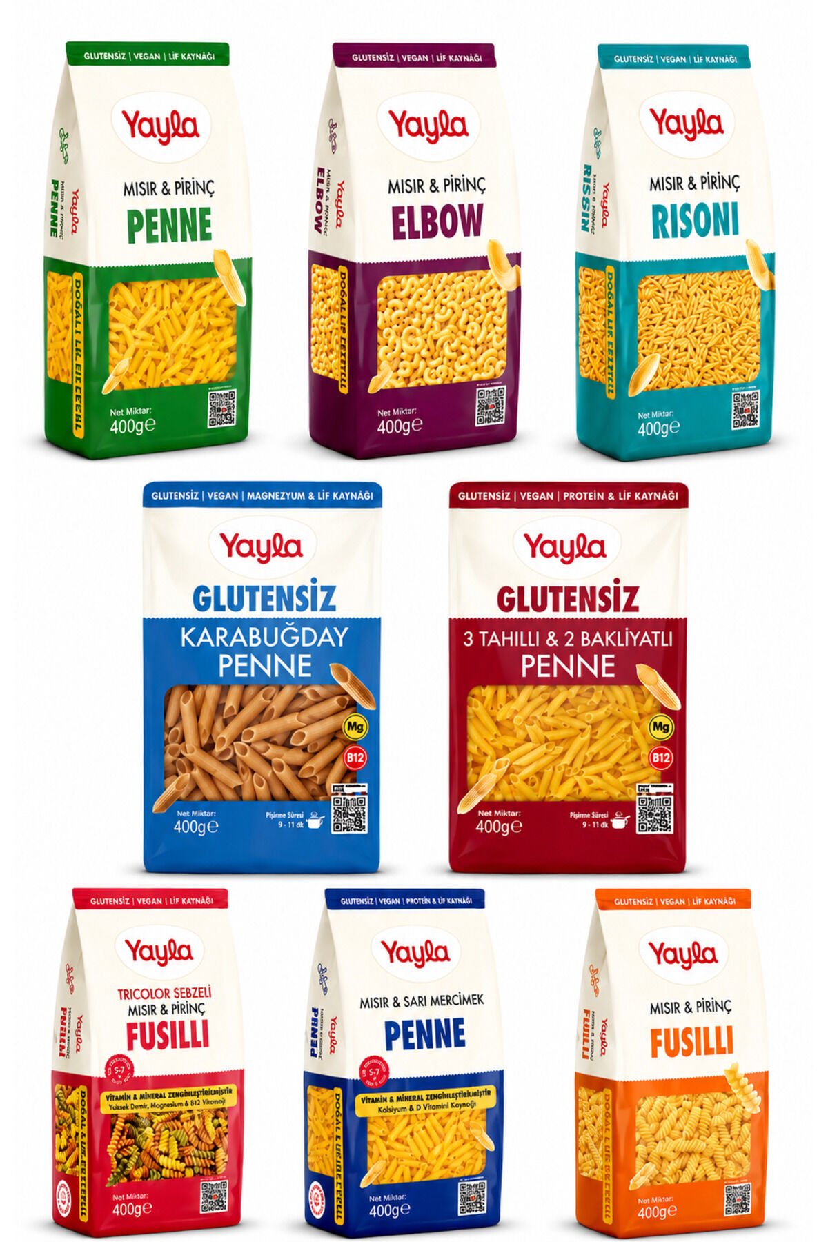 Yayla Glutensiz Karışık Makarna Seti 8’li 400 gr | Penne Elbow Risoni Fusilli Avantaj