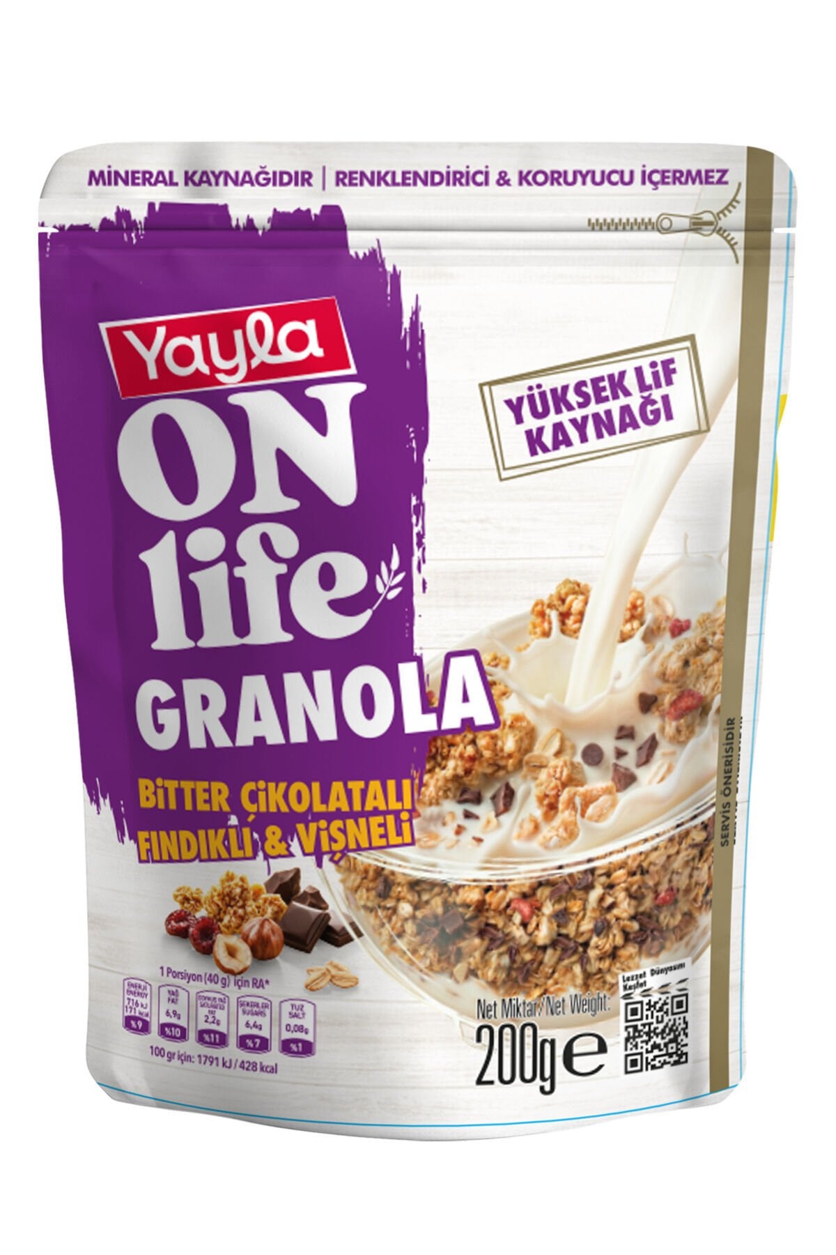 YAYLA ON LİFE GRANOLA BİTTER ÇİKOLATALI FINDIKLI&VİŞNELİ 200 GR