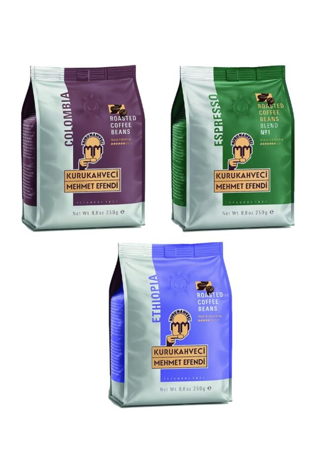 Mehmet Efendi Çekirdek Kahve Tanışma Paketi ( Colombian-Espresso-Ethiopian ) 250 GR x 3 Adet