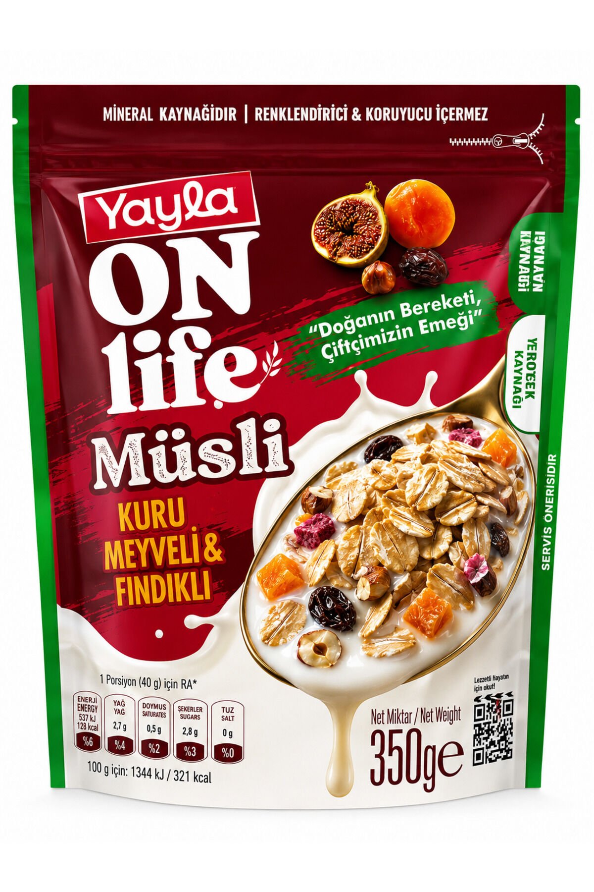 Yayla On Life Müsli Kuru Meyveli & Fındıklı 350 Gr – Protein ve Lif Kaynağı Kahvaltılık Müsli