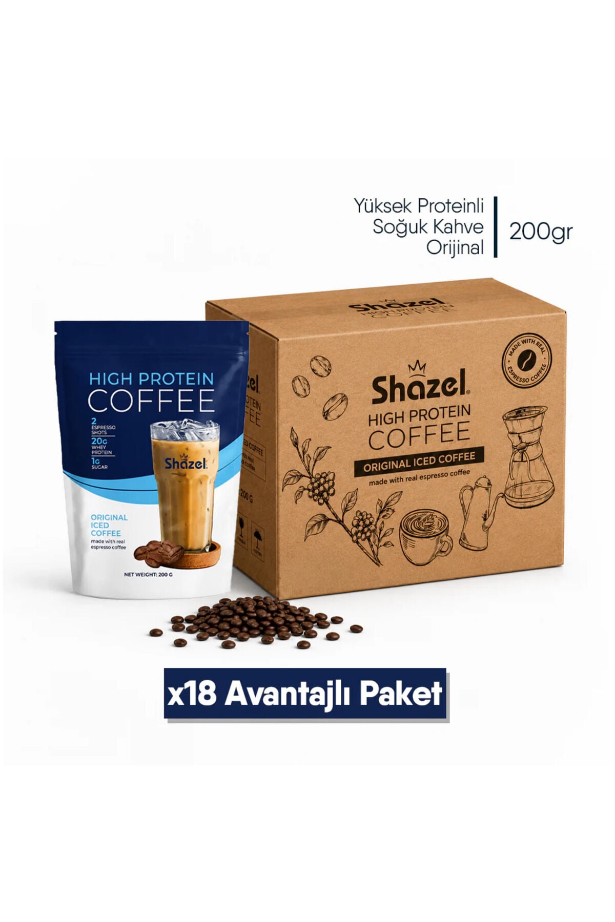 Shazel Yüksek Proteinli Soğuk Kahve | Orijinal Aromalı | Doypack | 200 gr | 18 Adet