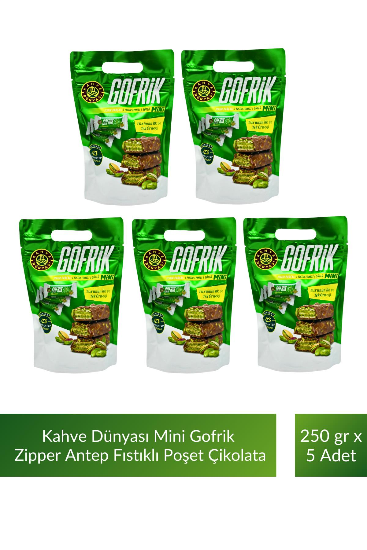 Kahve Dünyası Mini Gofrik Zipper Antep Fıstıklı Gofrik Poşet Çikolata 250 gr x 5 Adet