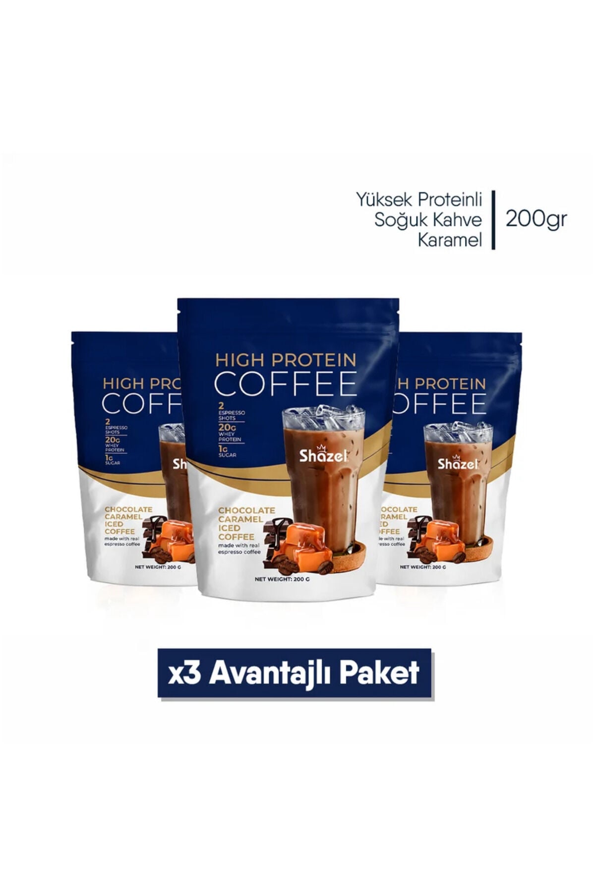 Shazel Yüksek Proteinli Soğuk Kahve | Karamel Aromalı | Doypack | 200 gr | 3 Adet