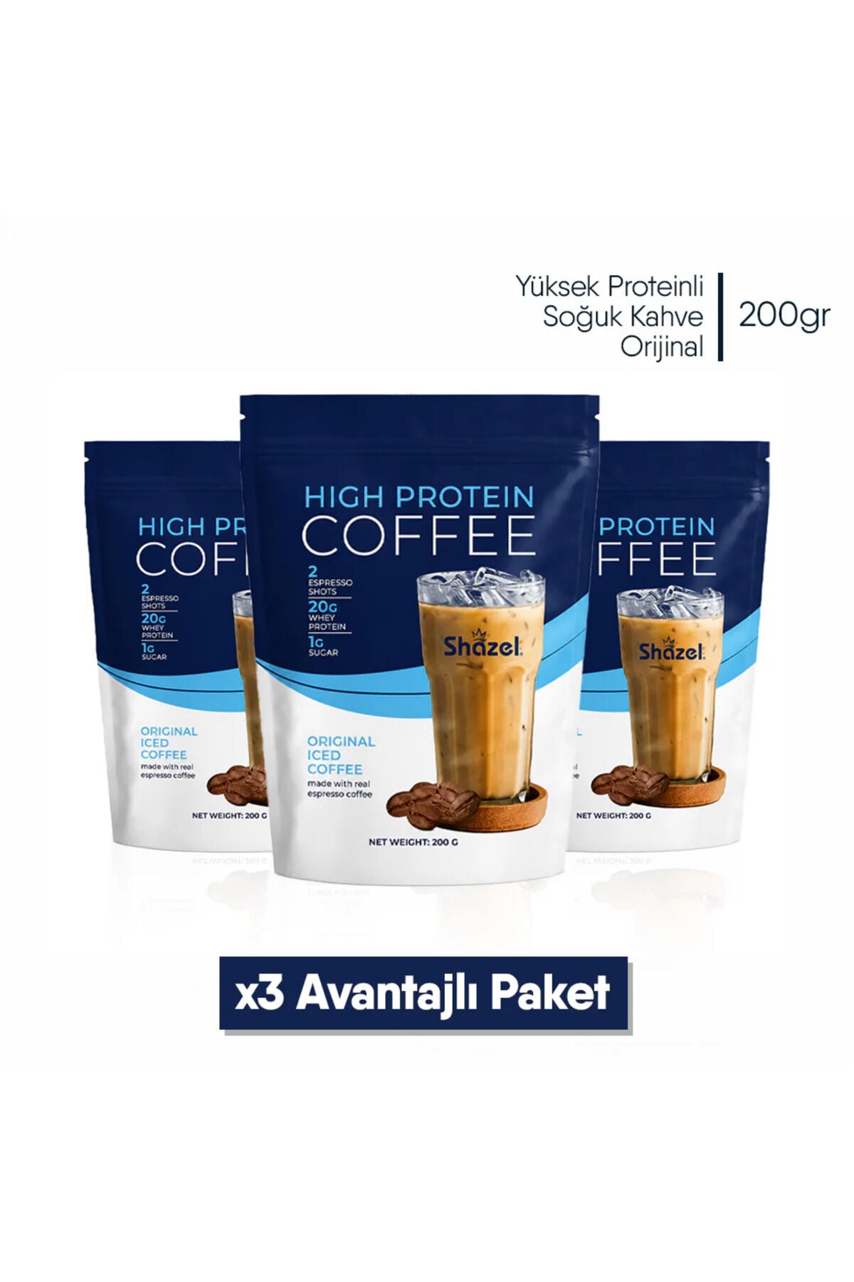 Shazel Yüksek Proteinli Soğuk Kahve | Orijinal Aromalı | Doypack | 200 gr | 3 Adet