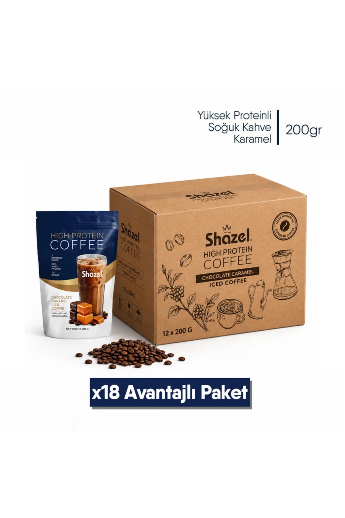 Shazel Yüksek Proteinli Soğuk Kahve | Karamel Aromalı | Doypack | 200 gr | 18 Adet