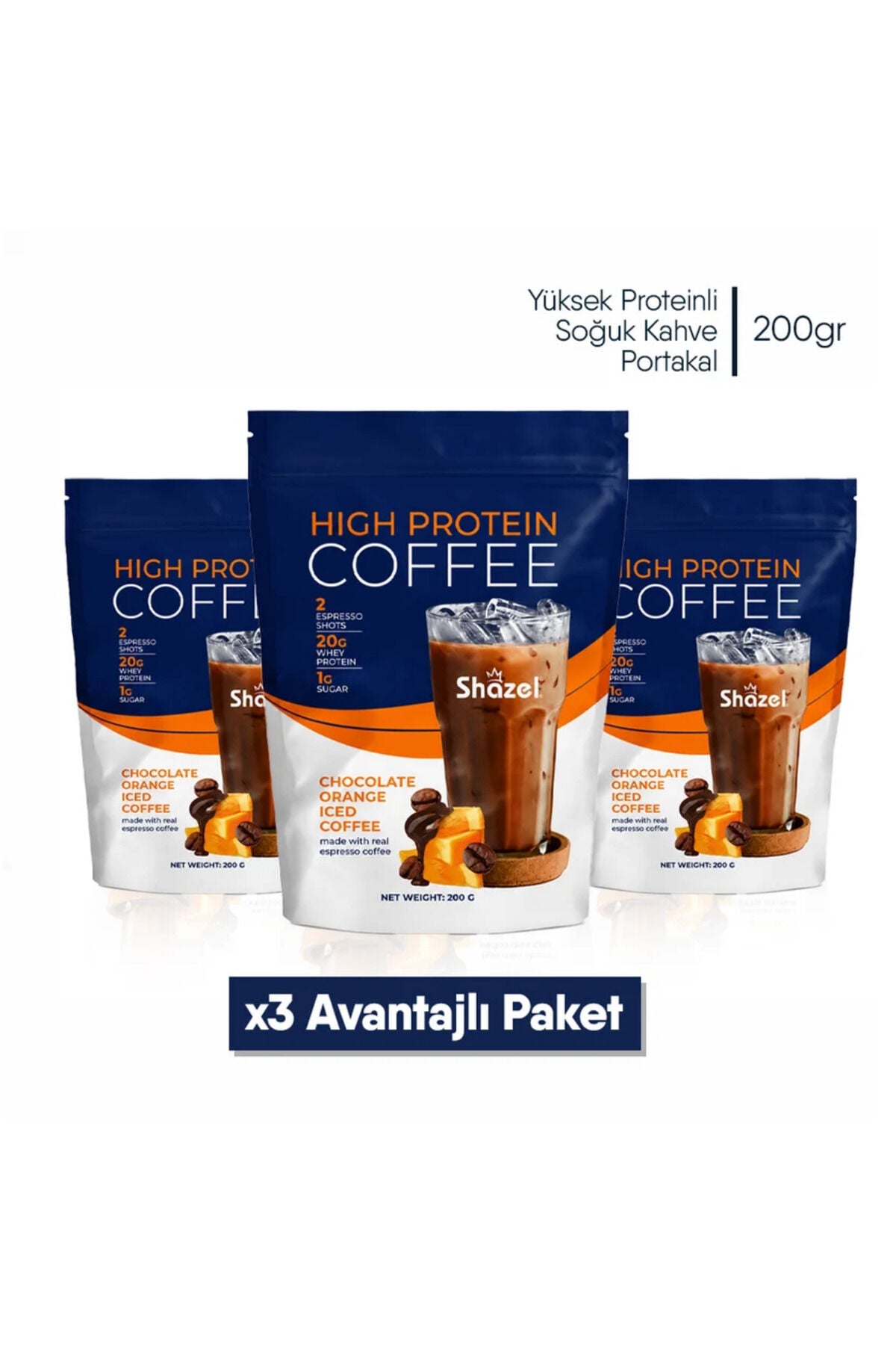 Shazel Yüksek Proteinli Soğuk Kahve | Portakal Aromalı | Doypack | 200 gr | 3 Adet