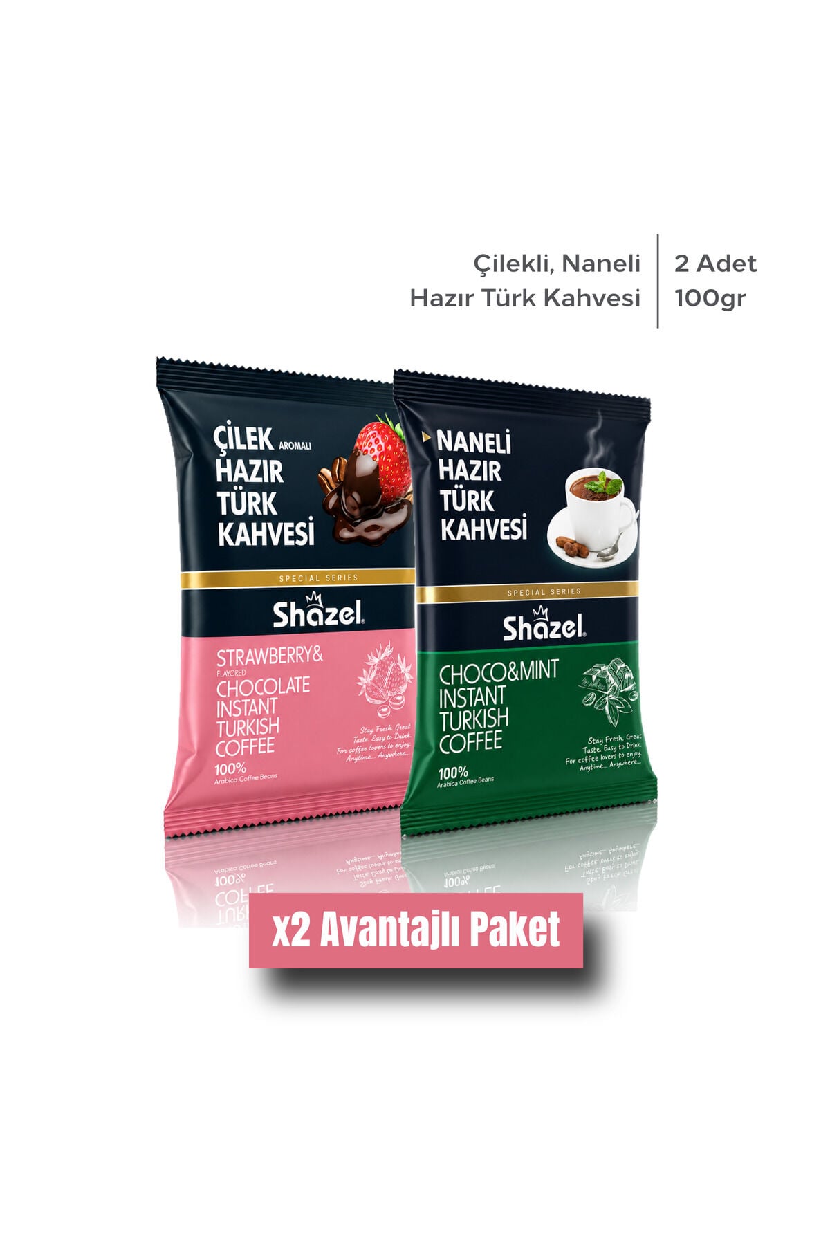 Shazel Hazır Türk Kahvesi | Naneli | Çilekli | 100 gr | 2 Adet