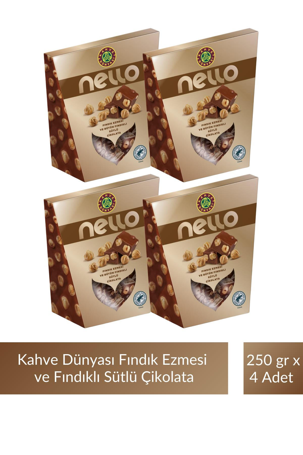 Kahve Dünyası Nello Fındık Ezmesi ve Bütün Fındıklı Sütlü Çikolata 250 gr x 4 Adet