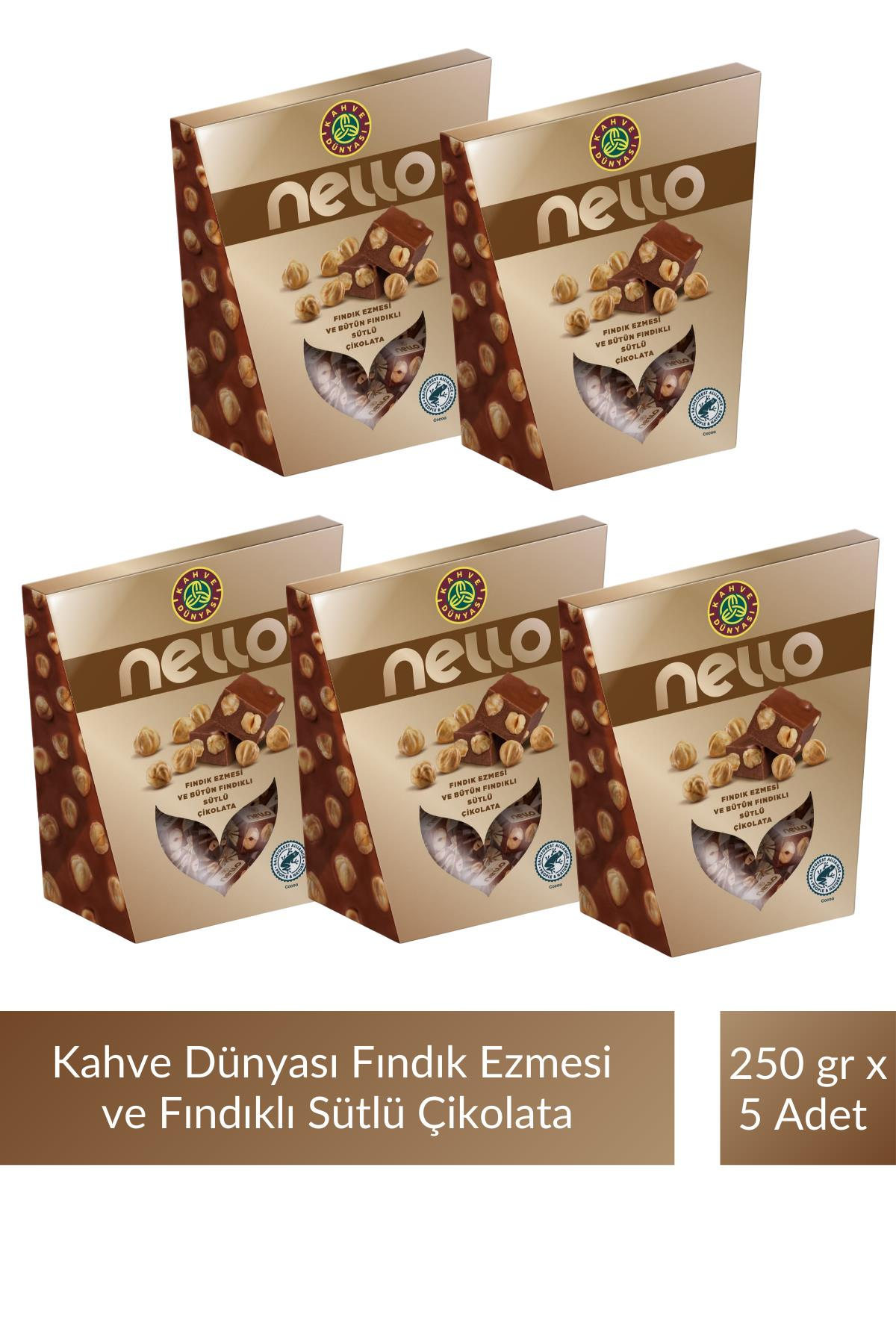 Kahve Dünyası Nello Fındık Ezmesi ve Bütün Fındıklı Sütlü Çikolata 250 gr x 5 Adet
