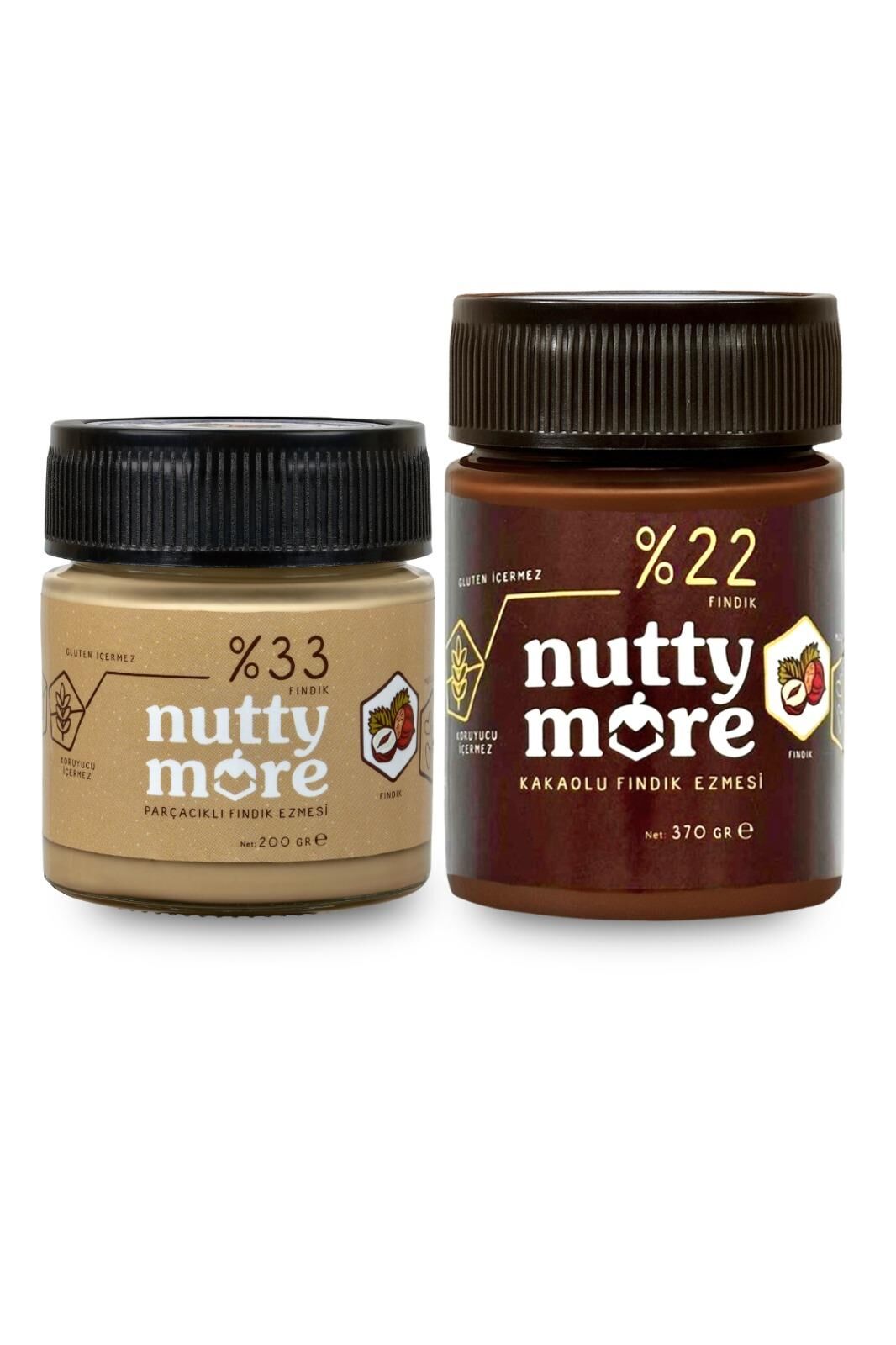 Nutty More %33 Fındık Parçacıklı Fındık Ezmesi 200 gr + %22 Kakaolu Fındık Ezmesi 370 gr
