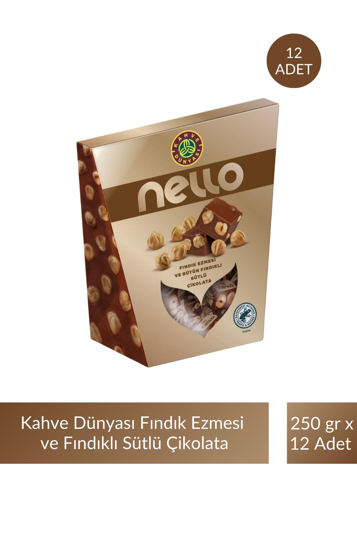 Kahve Dünyası Nello Fındık Ezmesi ve Bütün Fındıklı Sütlü Çikolata 250 gr x 12 Adet