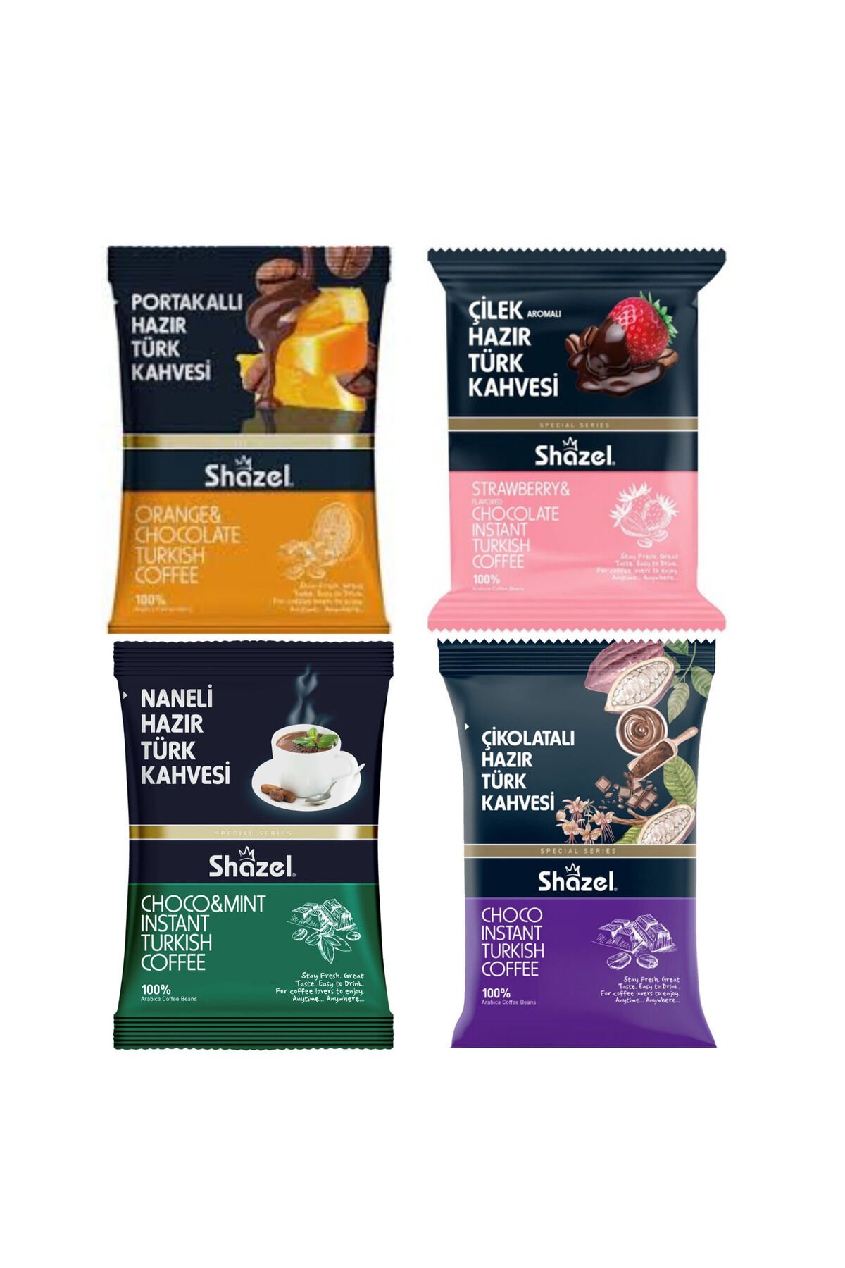 Hazır Türk Kahve Seti Portakallı Naneli Çilekli Çikolatalı 4 x 100 g 4 lü Set