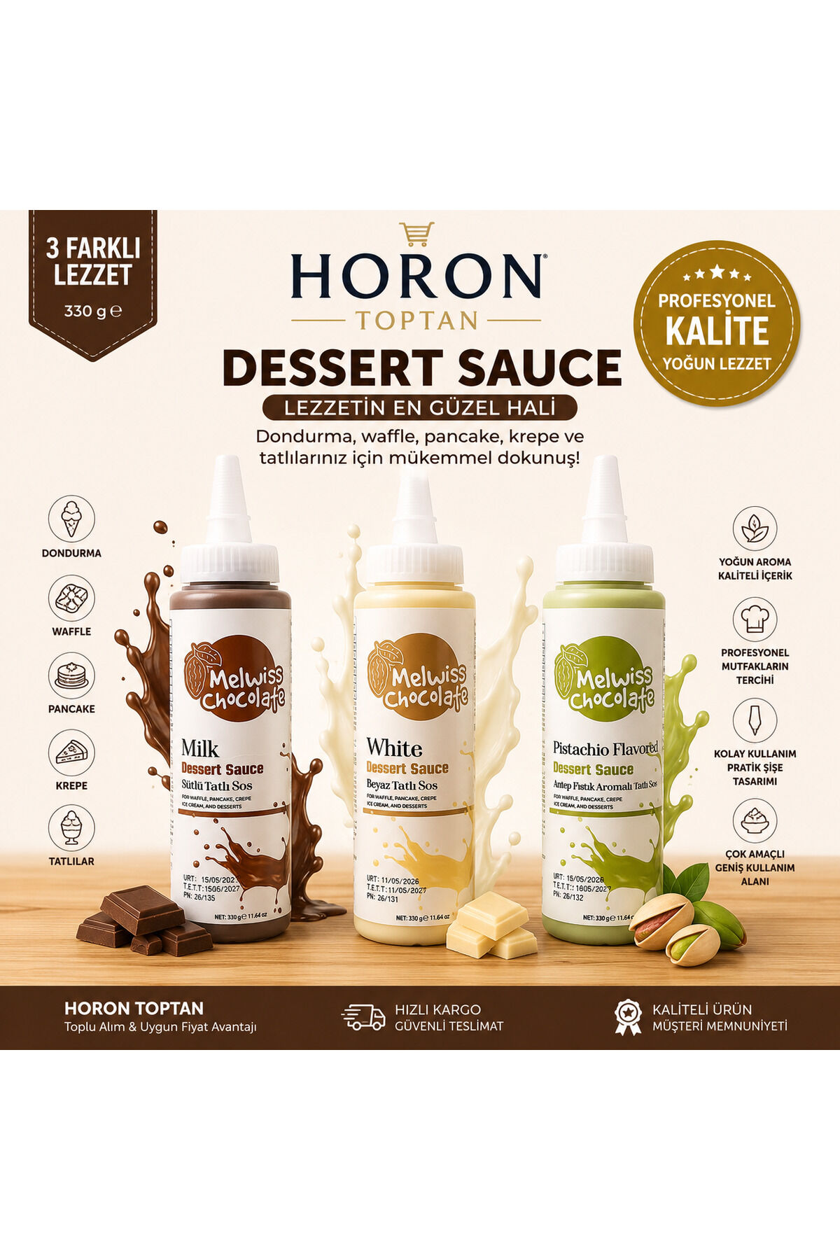 HORON MELWİSS 3'LÜ ANTEP FITIĞI-SÜTLÜ ÇİKOLATA-BEYAZ ÇİKOLATA- SOS PAKETİ