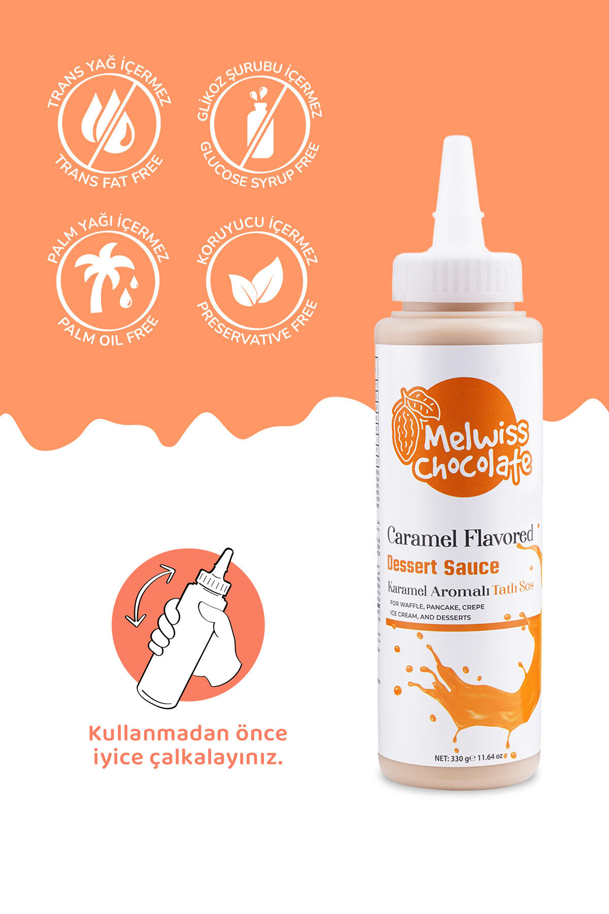 Melwiss Chocolate Karamel Aromalı Tatlı Sos 330 gr - Waffle & Krep & Pankek Sosu