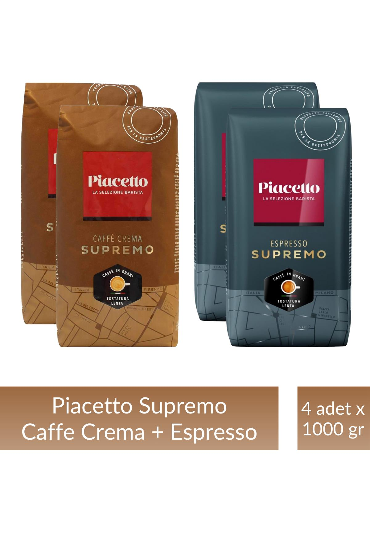 Piacetto Cafe Crema ve Espresso Supremo Çekirdek Kahve Tanışma Paketi 1 kg x 4 Adet