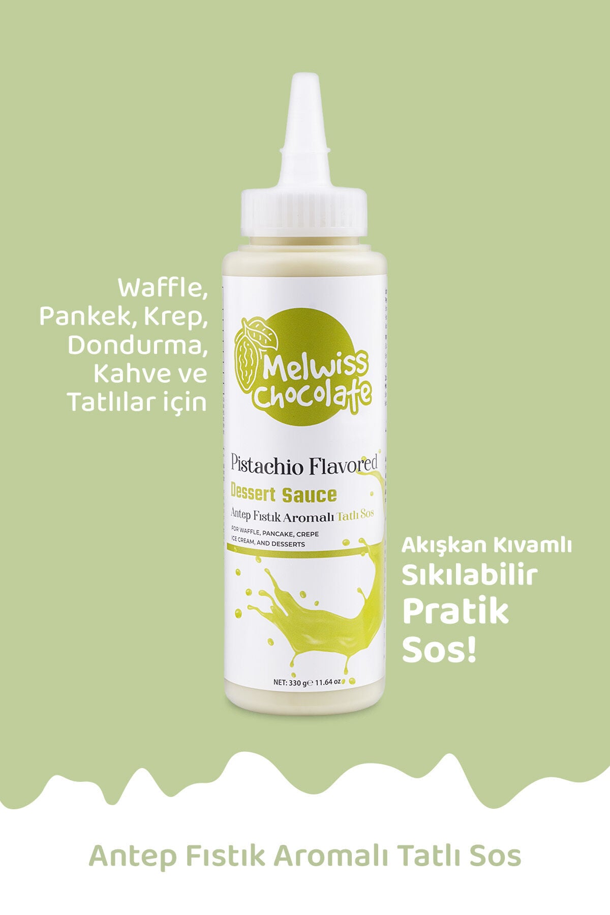 Melwiss Chocolate Antep Fıstık Aromalı Tatlı Sos 330 g - Waffle & Krep & Pankek Sosu