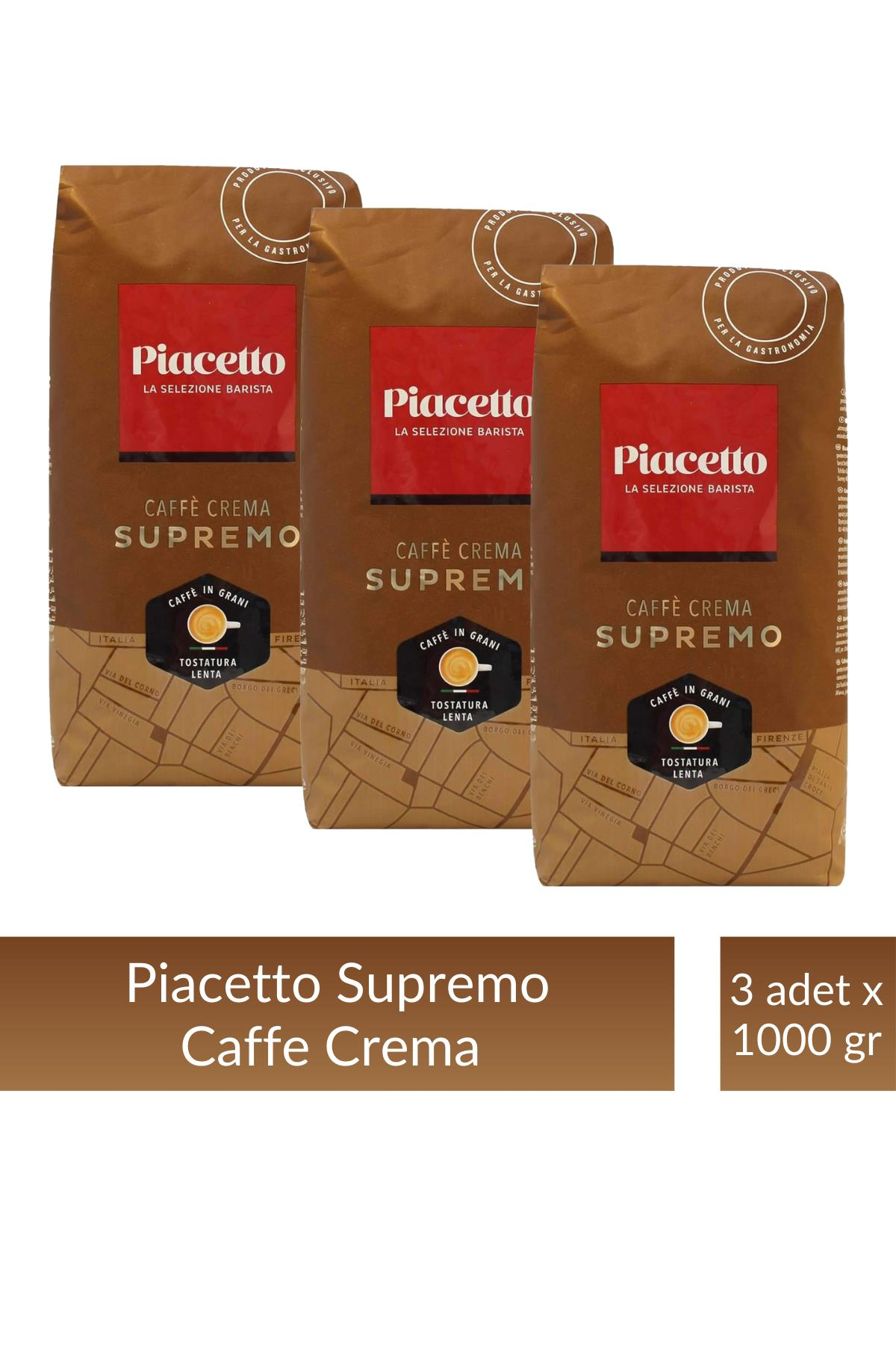 Piacetto Cafe Crema Supremo Çekirdek Kahve 1 kg x 3 Adet