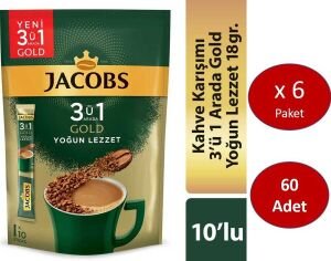Jacobs 3ü1 Arada Gold Kahve Karışımı Yoğun Lezzet 60 Adet (10 x 6 Paket)