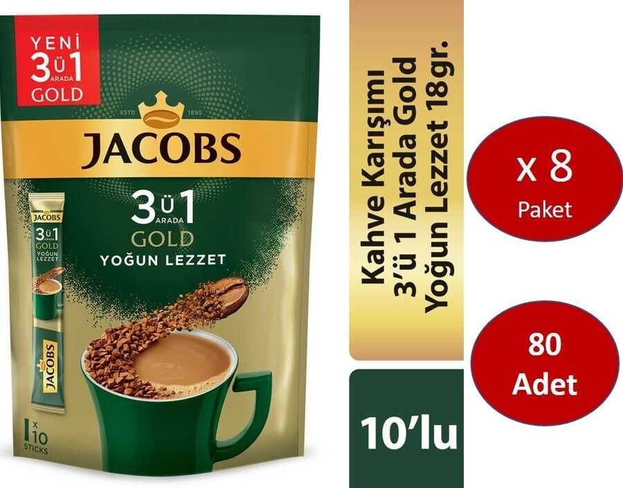 Jacobs 3ü1 Arada Gold Kahve Karışımı Yoğun Lezzet 80 Adet (10 x 8 Paket)