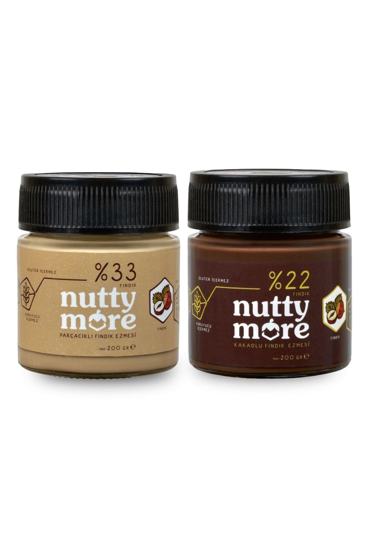 Nutty More %22 Kakaolu Fındık Ezmesi 200 gr + %33 Fındık Parçacıklı Fındık Ezmesi 200 gr