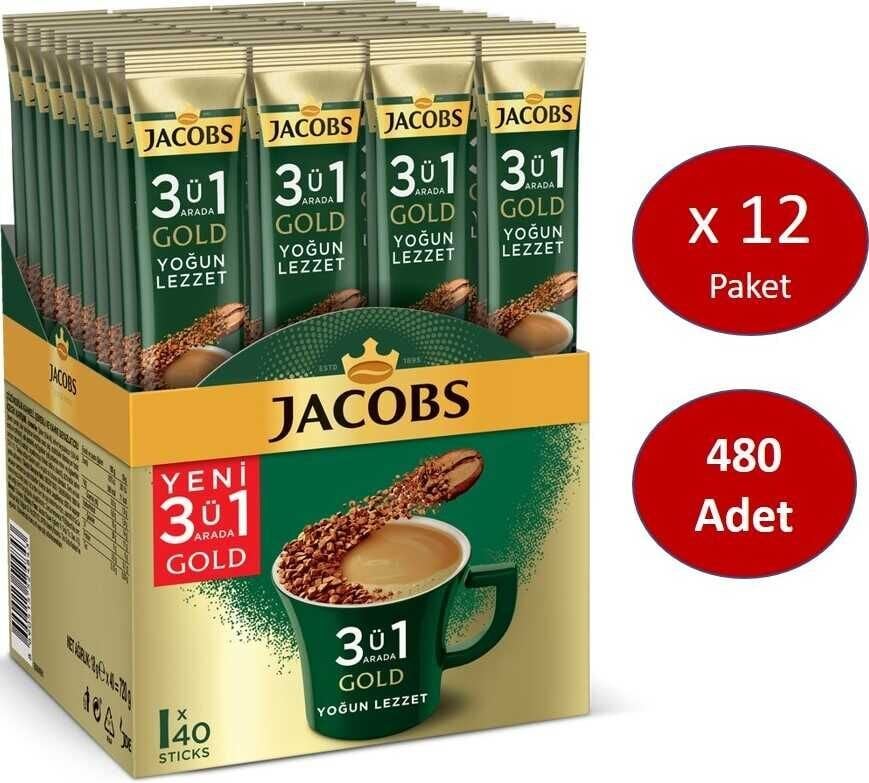 Jacobs 3ü1 Arada Gold Kahve Karışımı Yoğun Lezzet 480 Adet (40 x 12 Paket)