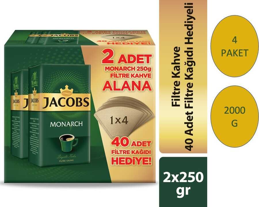 Jacobs Monarch Filtre Kahve 2x250gr Filtre Kağıdı Hediyeli x 4 Paket