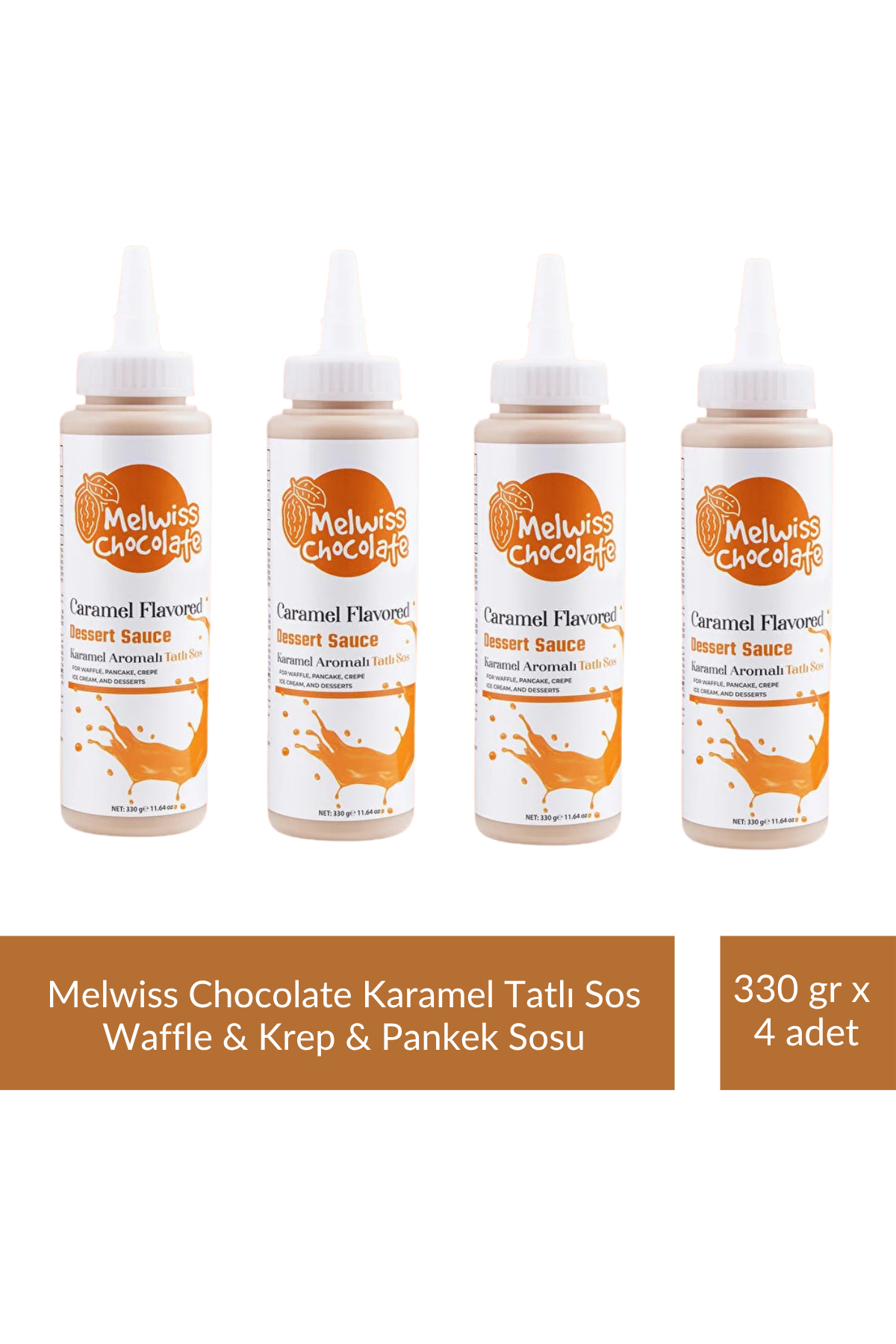 Melwiss Chocolate Karamel Aromalı Tatlı Sos 330 gr - Waffle & Krep & Pankek Sosu x 4 Adet