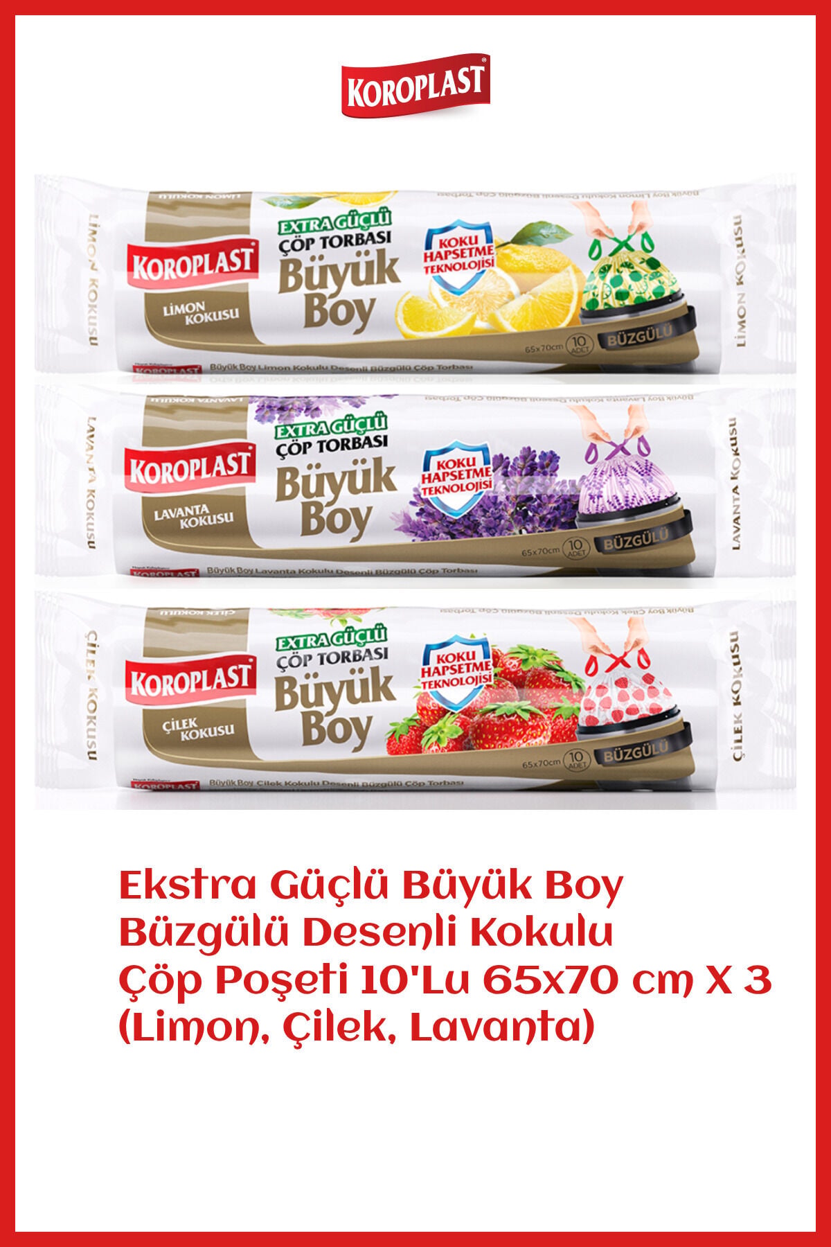 Ekstra Güçlü Büyük Boy Büzgülü Desenli Kokulu Çöp Poşeti 10'Lu 65x70 cm X 3 (Limon, Çilek, Lavanta)