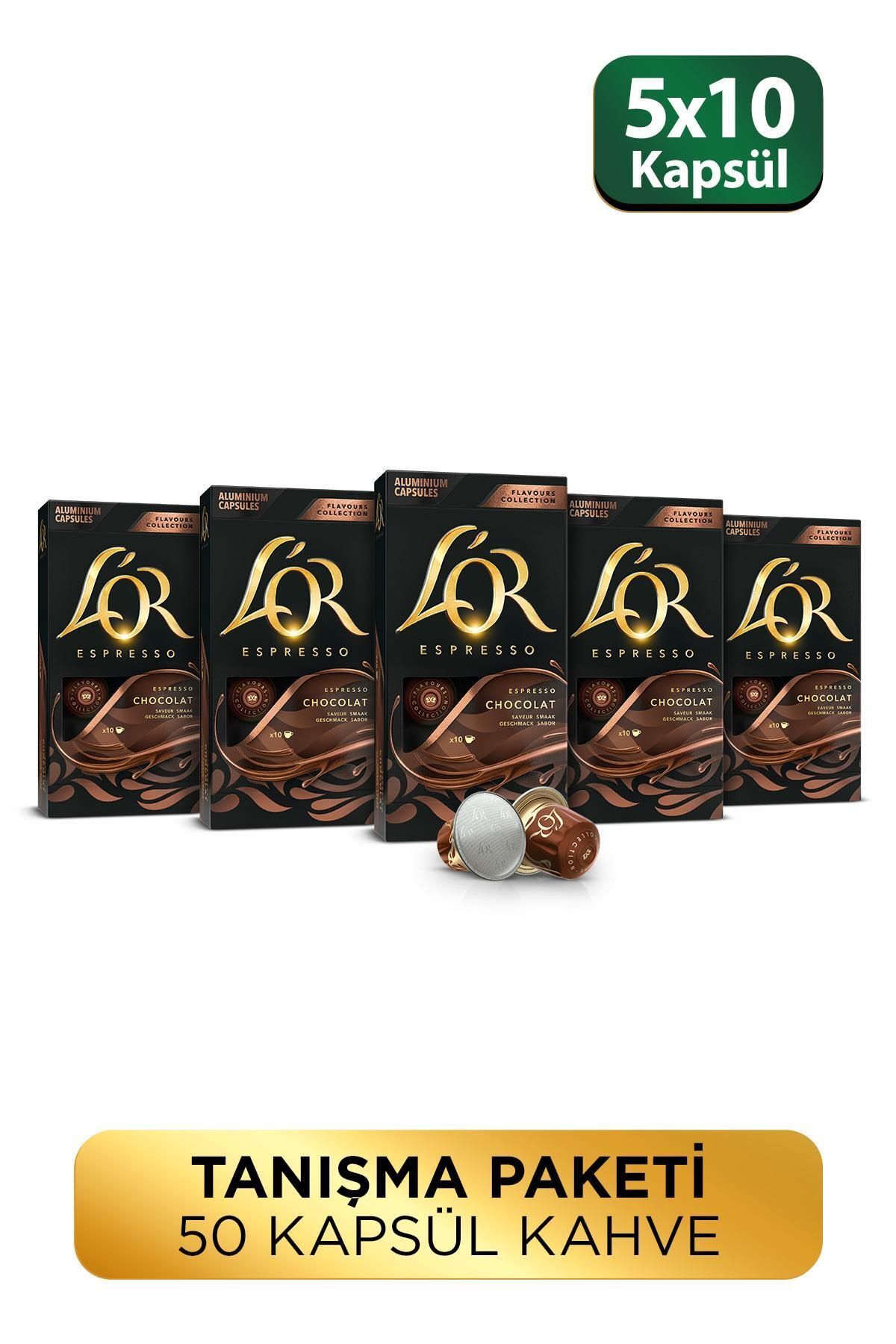 L'OR - Çikolata Aromalı Nespresso Uyumlu 10 Adet Alüminyum Kapsül Kahve x 5 Adet