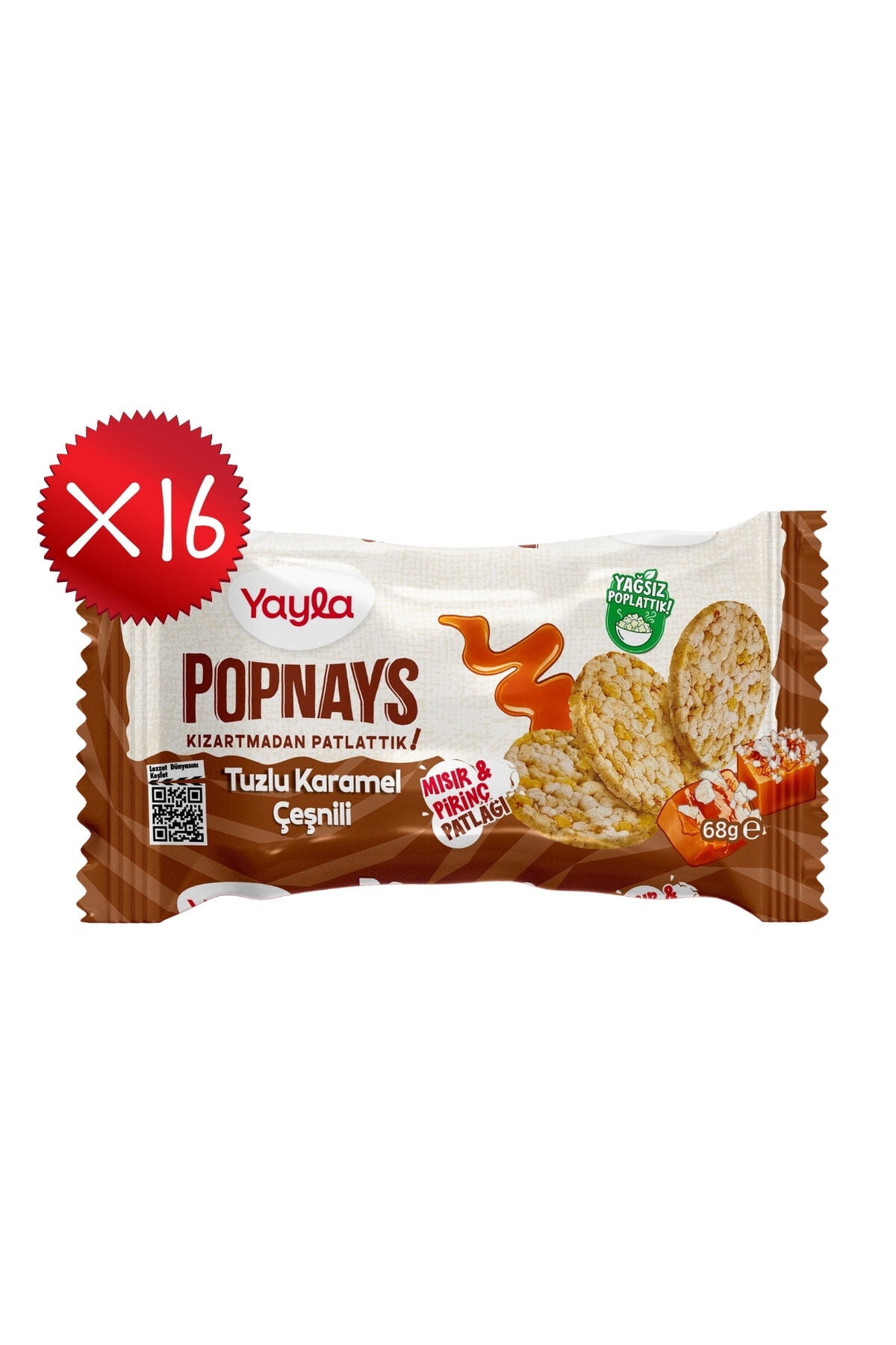 Yayla Popnays Tuzlu Karamel Çeşnili Mısır ve Pirinç Patlağı 68 g x16
