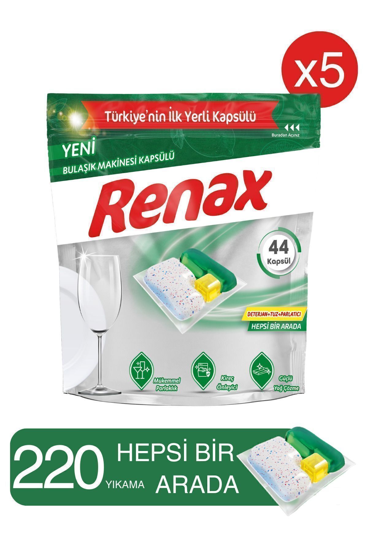 Renax Bulaşık Makinesi Kapsülü Hepsi Bir Arada 44 Lü X 5 Adet