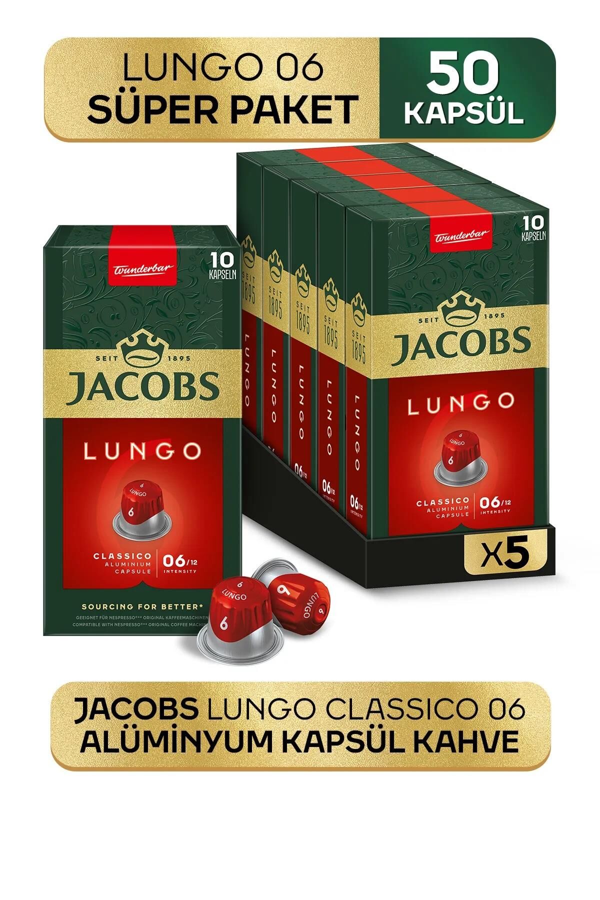 Jacobs Lungo 6 Classico Kapsül Kahve 10 x 5 Paket (50 Adet) Nespresso Uyumlu