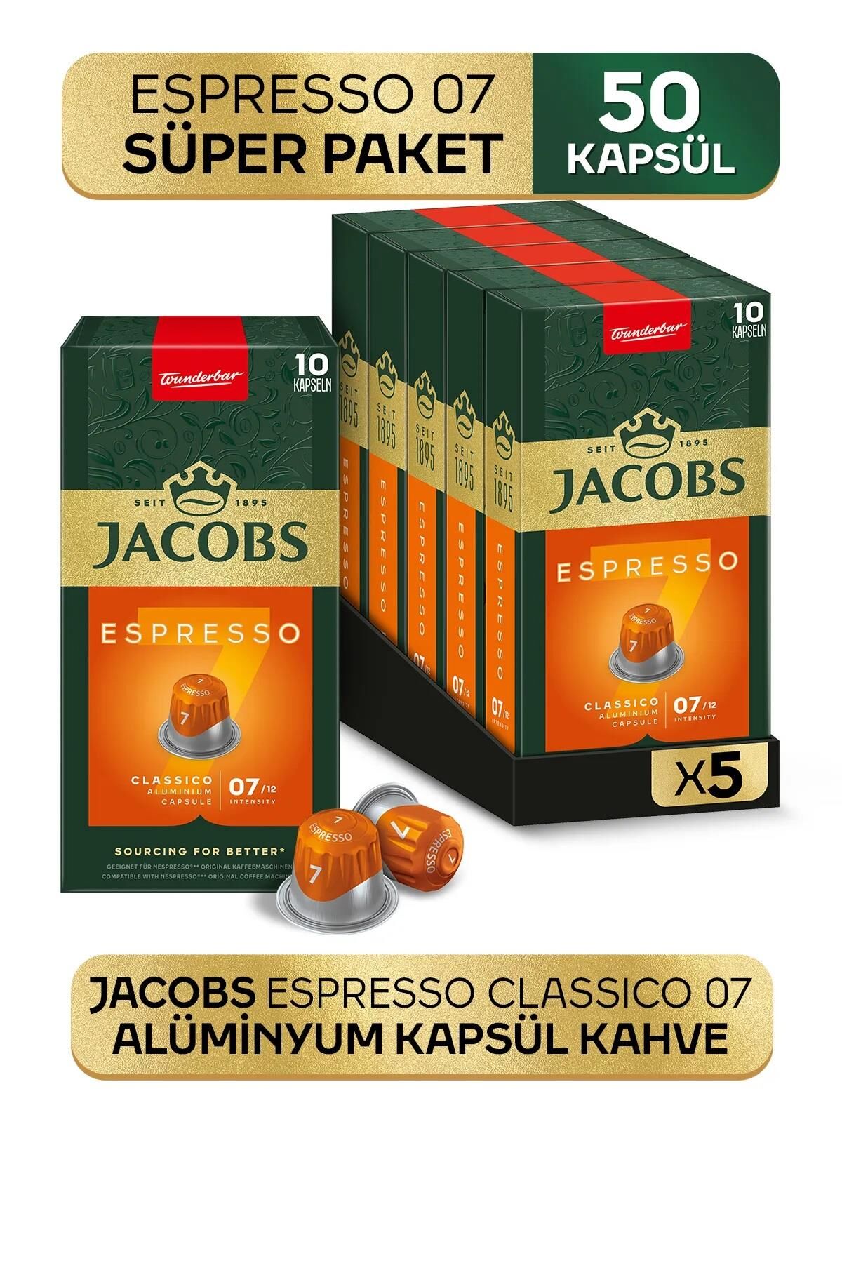Jacobs Espresso 7 Classico Kapsül Kahve 10 x 5 Paket (50 Adet) Nespresso Uyumlu