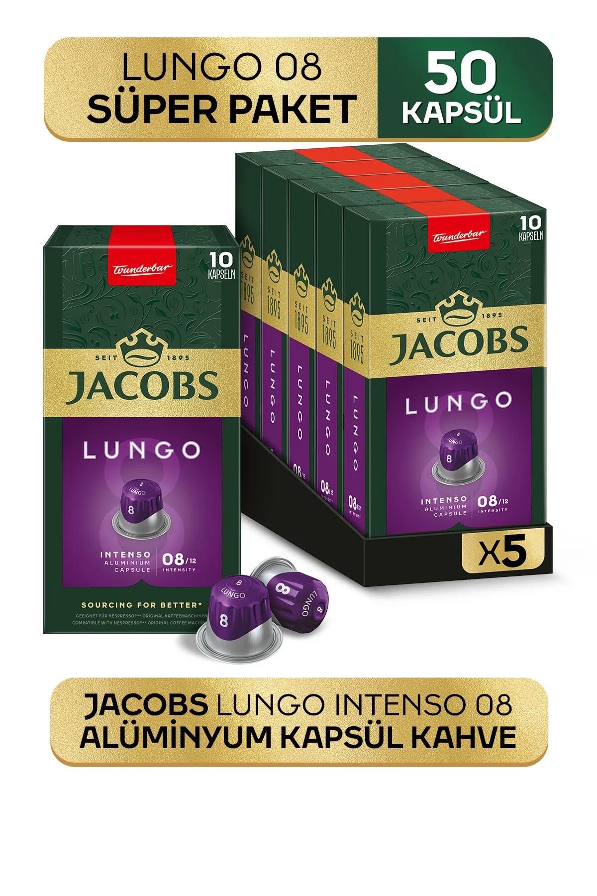 Jacobs Lungo Intenso 8 Kapsül Kahve 10 x 5 Paket (50 Adet) Nespresso Uyumlu