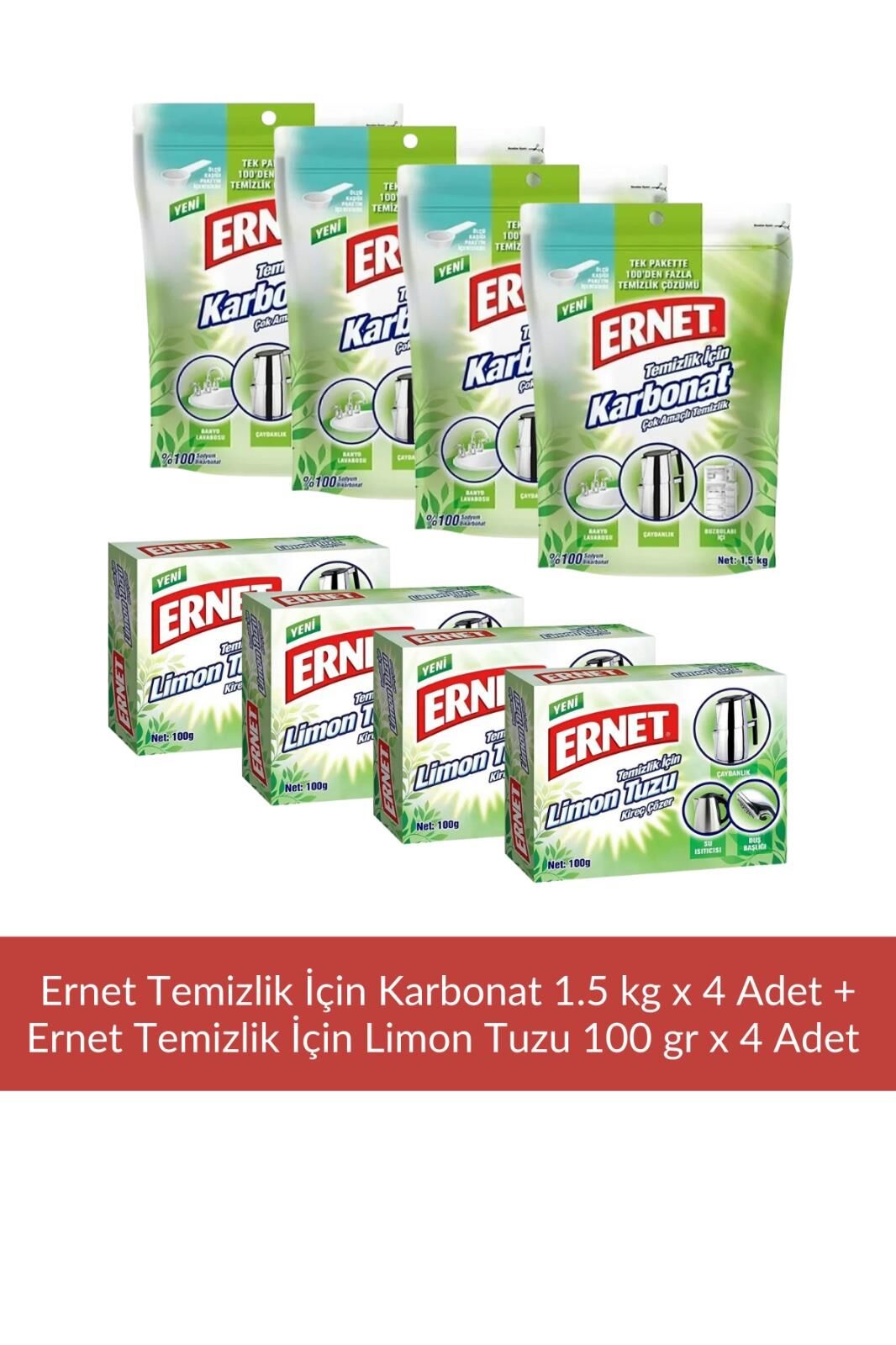 Ernet Temizlik İçin Karbonat 1,5 kg x 4 Adet + Ernet Temizlik için Limon Tuzu 100 gr x 4 Adet