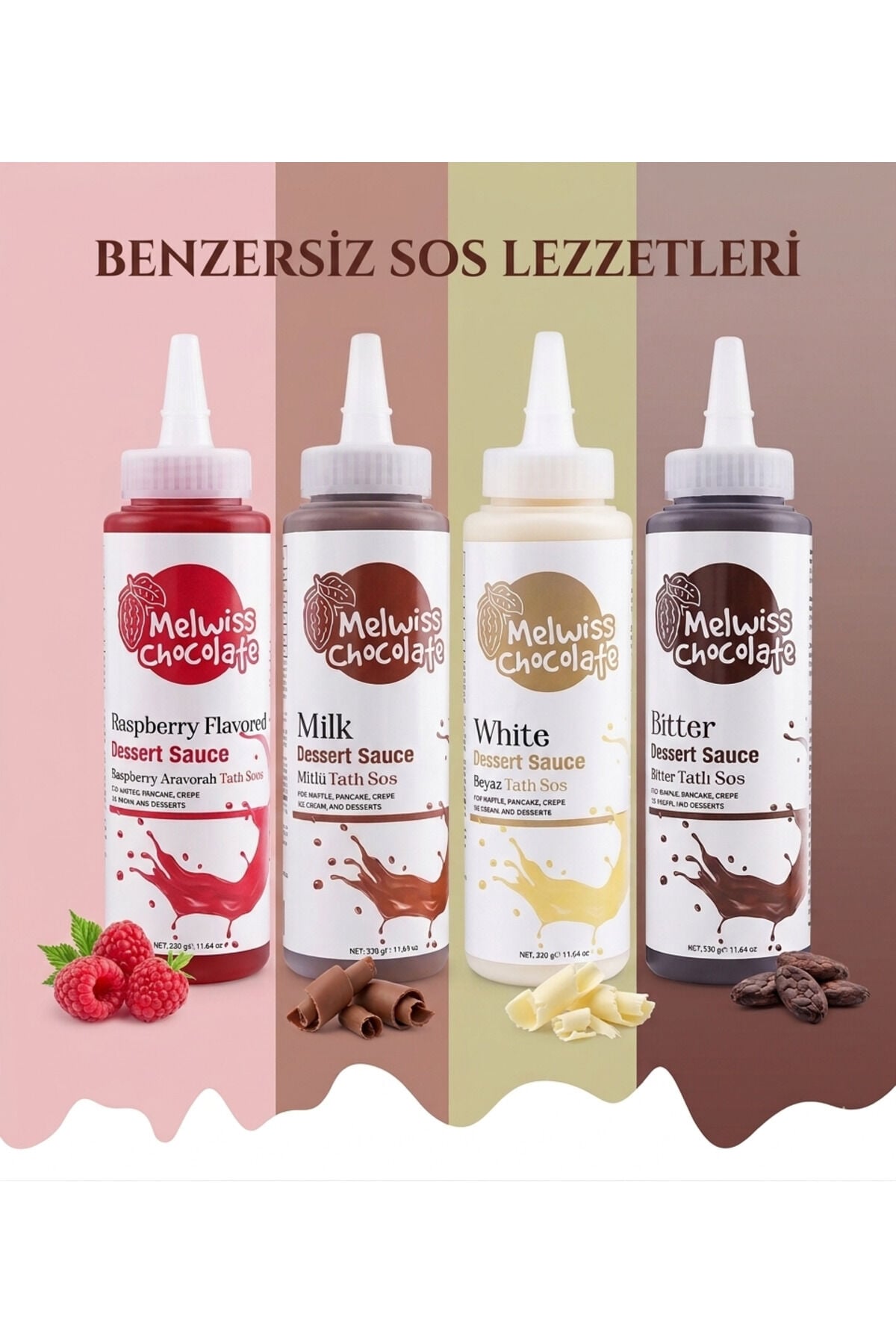 MELWİSS 4'LÜ BİTTER-SÜTLÜ ÇİKOLATA-BEYAZ ÇİKOLATA- FRAMBUAZ SOS PAKETİ