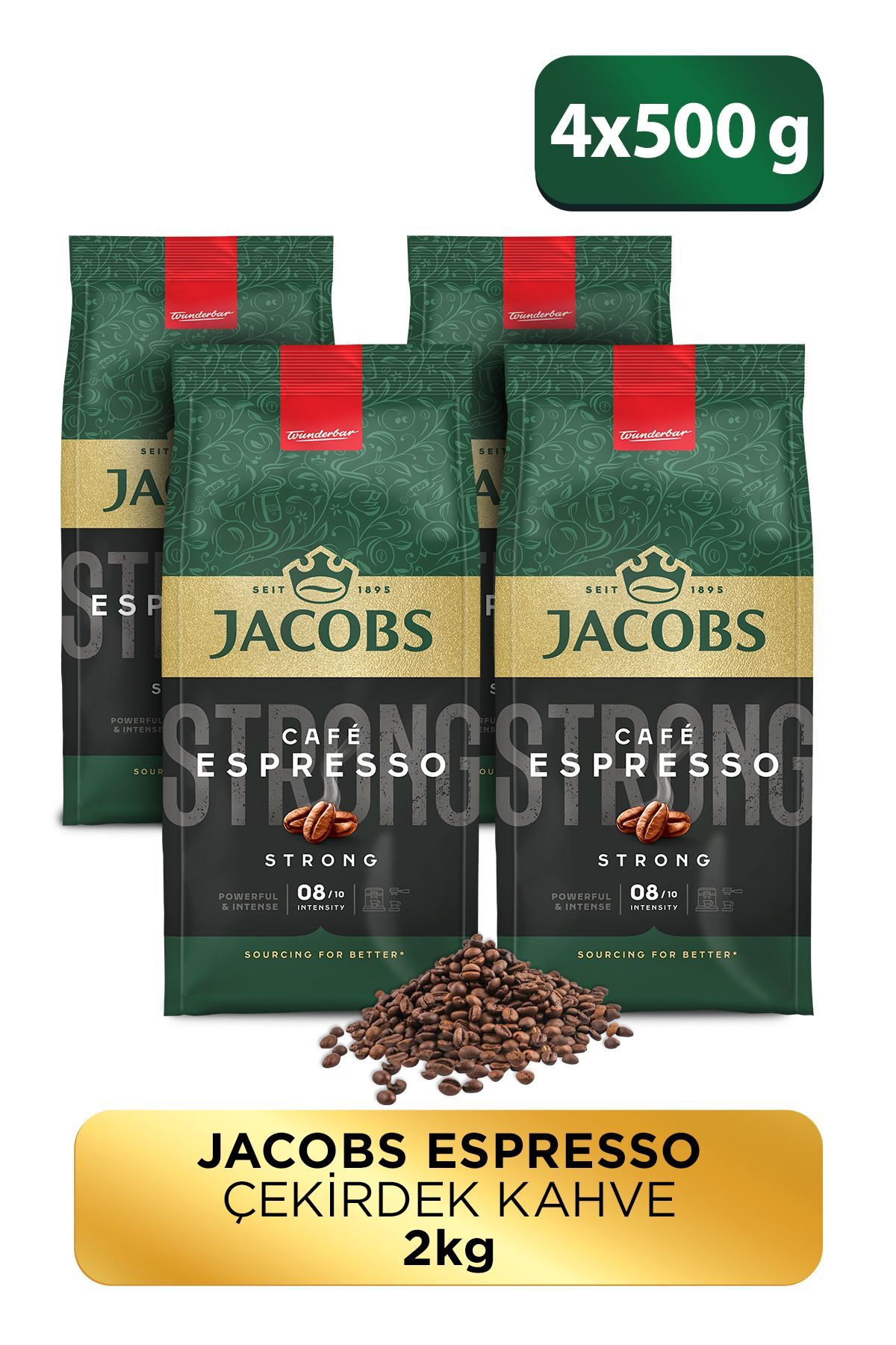 Jacobs Cafe Espresso Strong Çekirdek Kahve 500 gr x 4 Adet