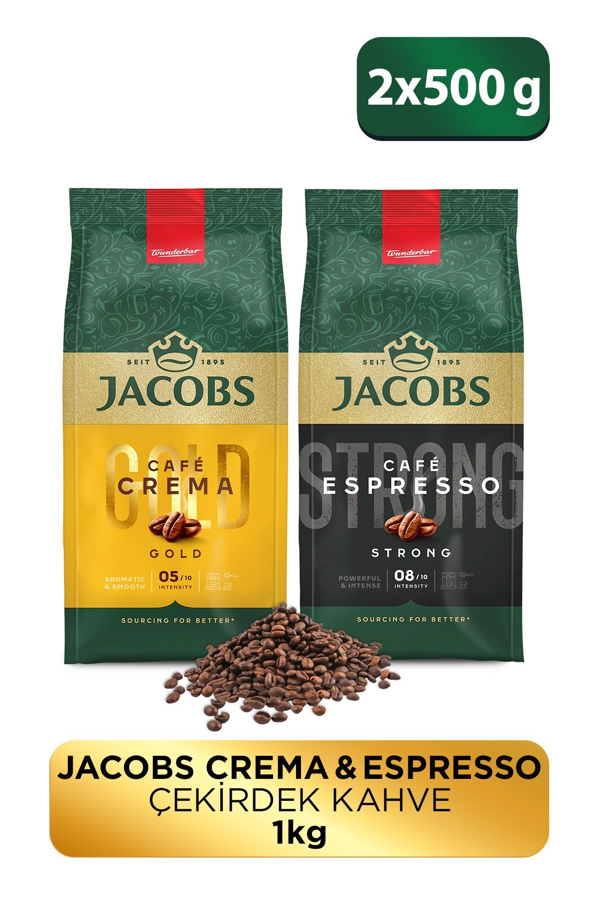 Jacobs Espresso Çekirdek Kahve 500 gr ve Cafe Crema Çekirdek Kahve 500 gr