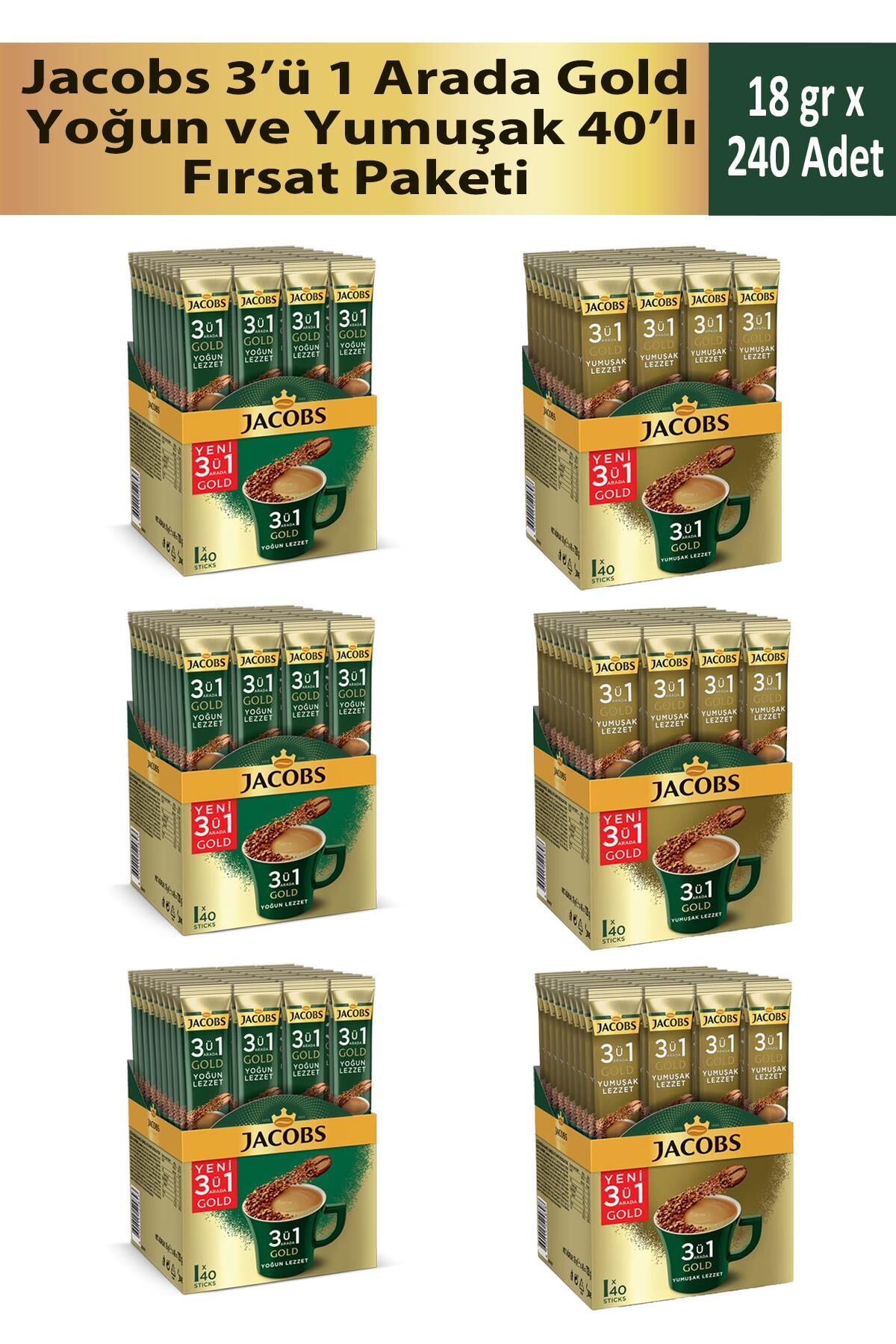 Jacobs 3’ü 1 Arada Gold Yoğun ve Yumuşak 40'lı Fırsat Paketi