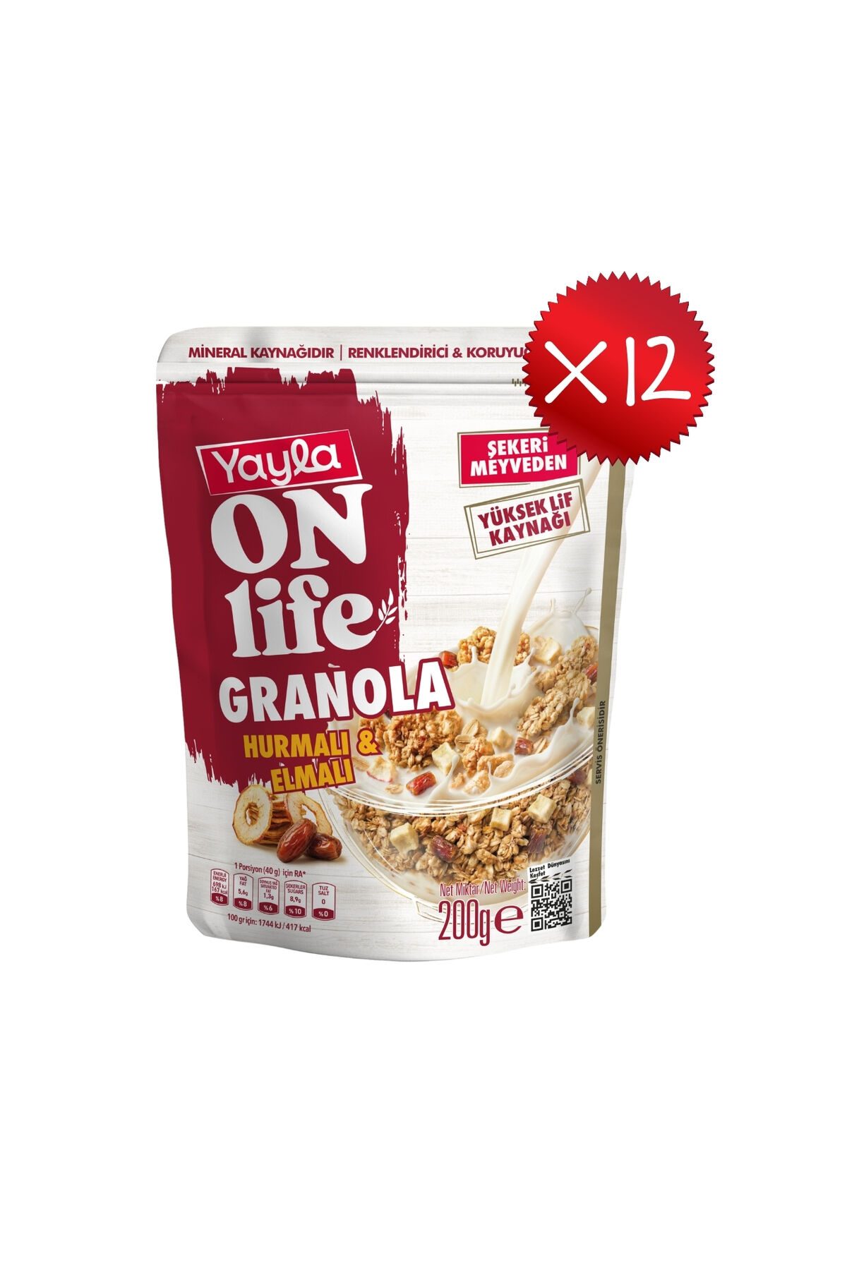 Yayla Onlife Hurmalı ve Elmalı Granola 200 g x 12 Adet