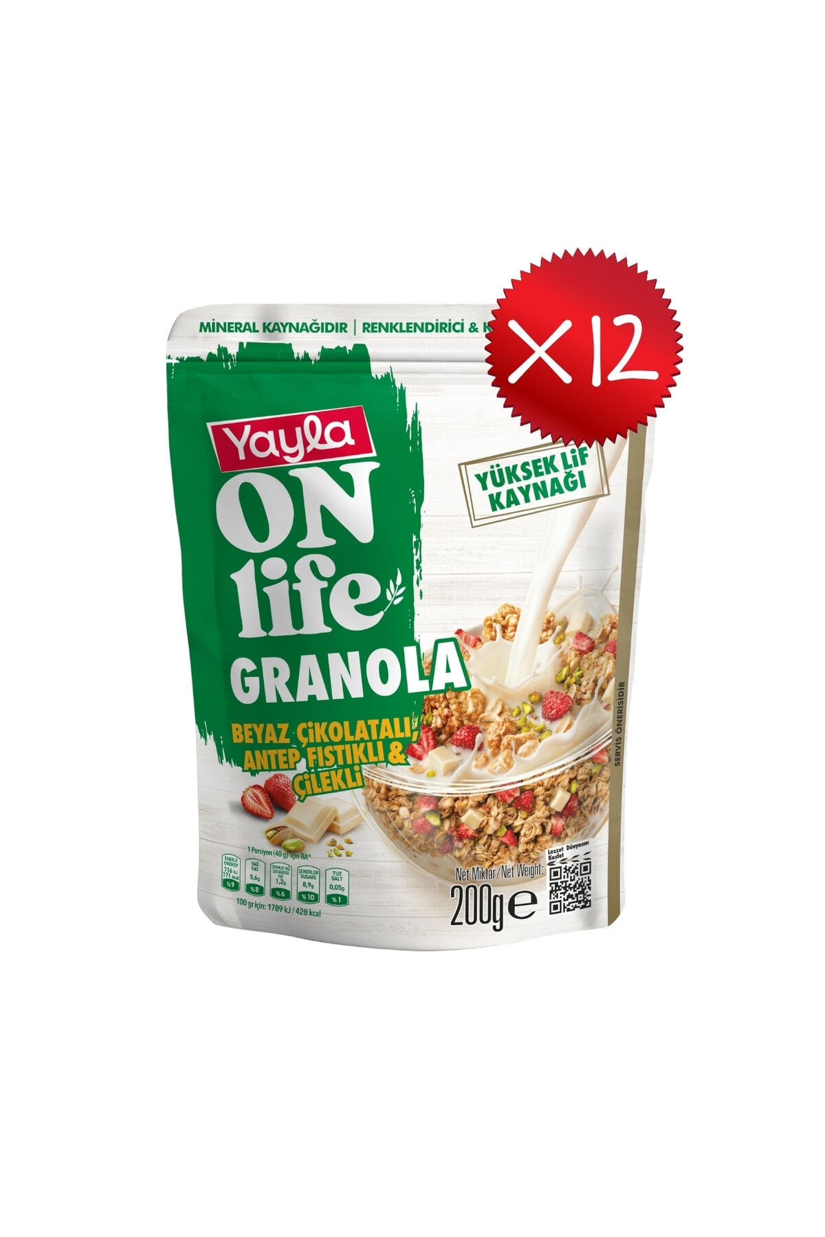 Yayla Onlife Beyaz Çikolatalı Antep Fıstıklı ve Çilekli Granola 200 g x12