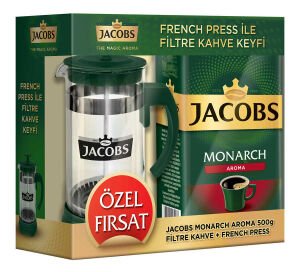 Jacobs Monarch Aromalı Filtre Kahve 500 gr x 2 Paket + 2 Adet French Press SETİ
