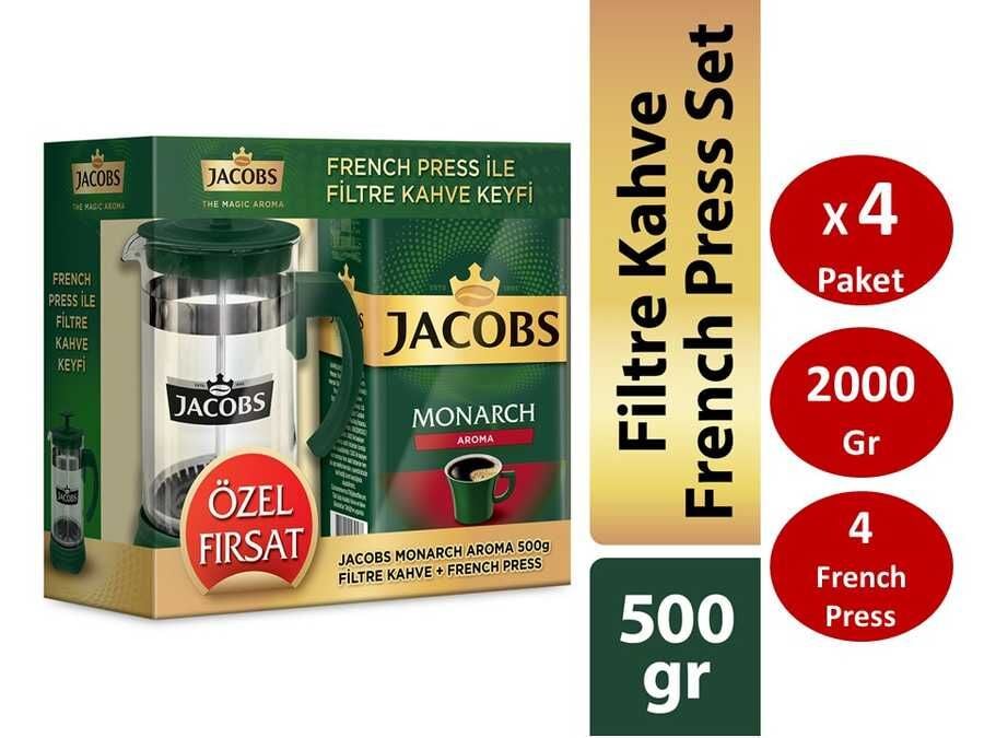 Jacobs Monarch Aromalı Filtre Kahve 500 gr x 4 Paket + 4 Adet French Press SETİ
