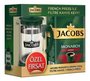 Jacobs Monarch Aromalı Filtre Kahve 500 gr x 4 Paket + 4 Adet French Press SETİ