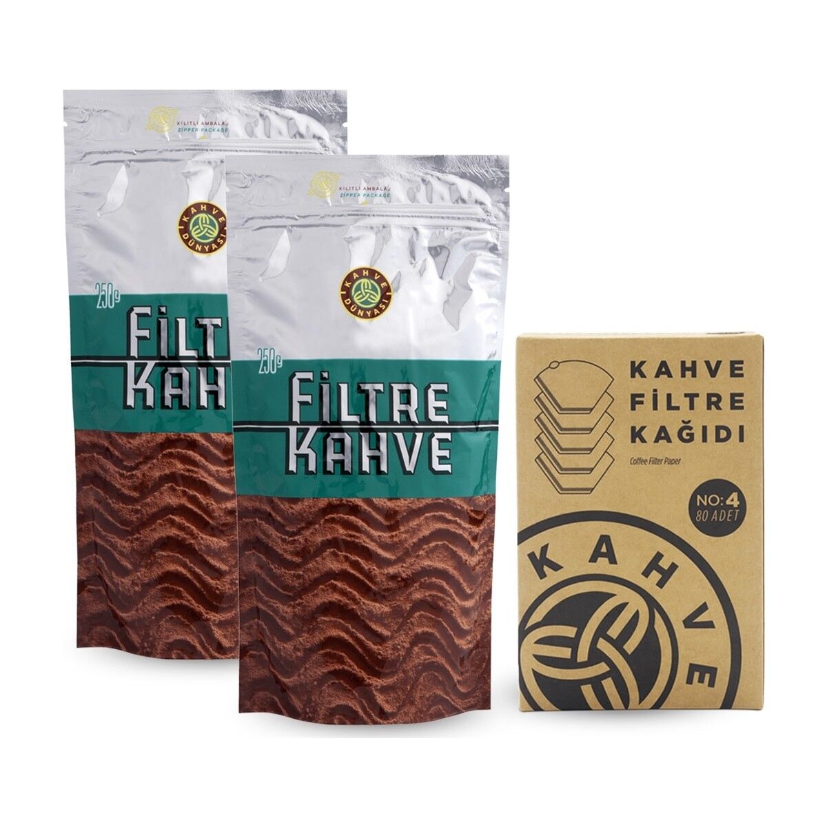 Kahve Dünyası Filtre Kahve 250 gr x 2 Adet ve Filtre Kahve Kağıdı 80 Adet