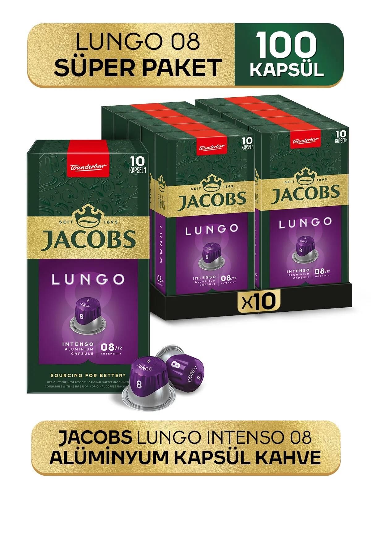 Jacobs Lungo Intenso 8 Kapsül Kahve 10 x 10 Paket (100 Adet) Nespresso Uyumlu