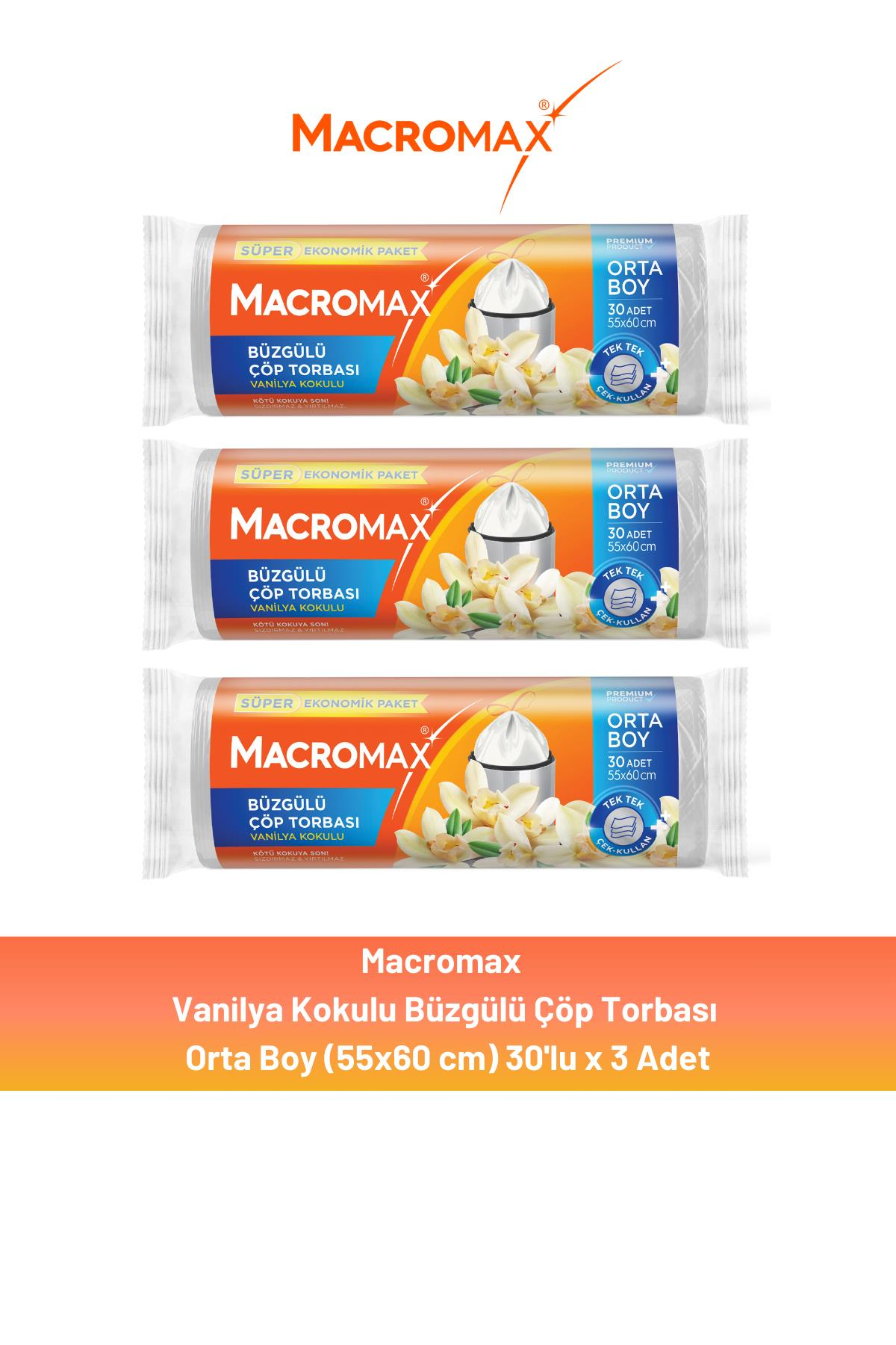 Macromax Büzgülü Vanilya Çöp Torbası Orta Boy 30'lu x 3 Adet