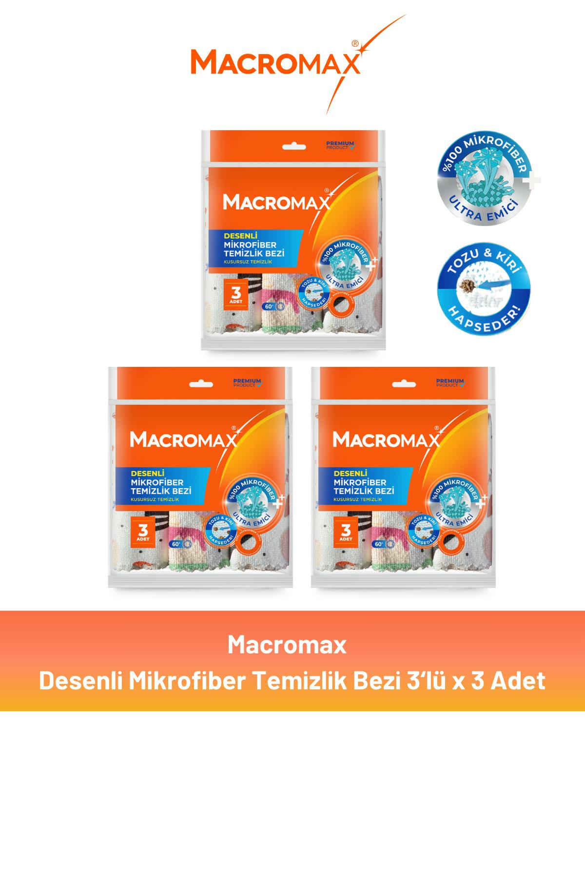 Macromax Desenli Mikrofiber Temizlik Bezi 3'lü x 3 Adet