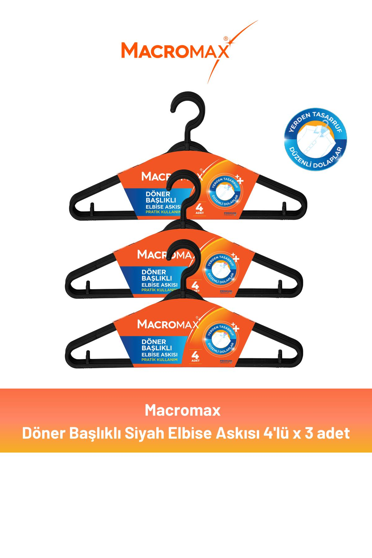Macromax Döner Başlıklı Elbise Askısı Siyah 4'lü x 3 Adet